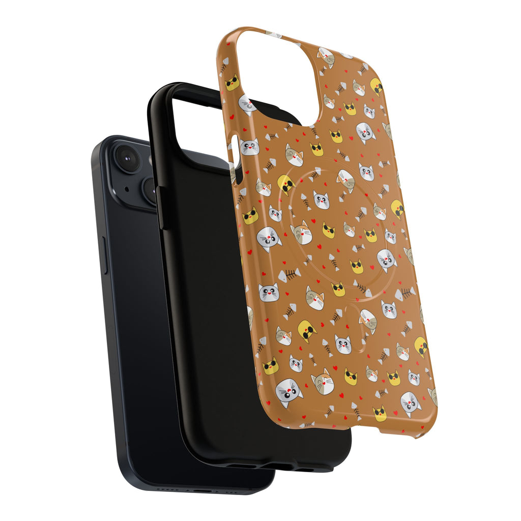 Cat Pattern Tough Magnetic Phone Case — Cute Kawaii Cat Faces on Brown