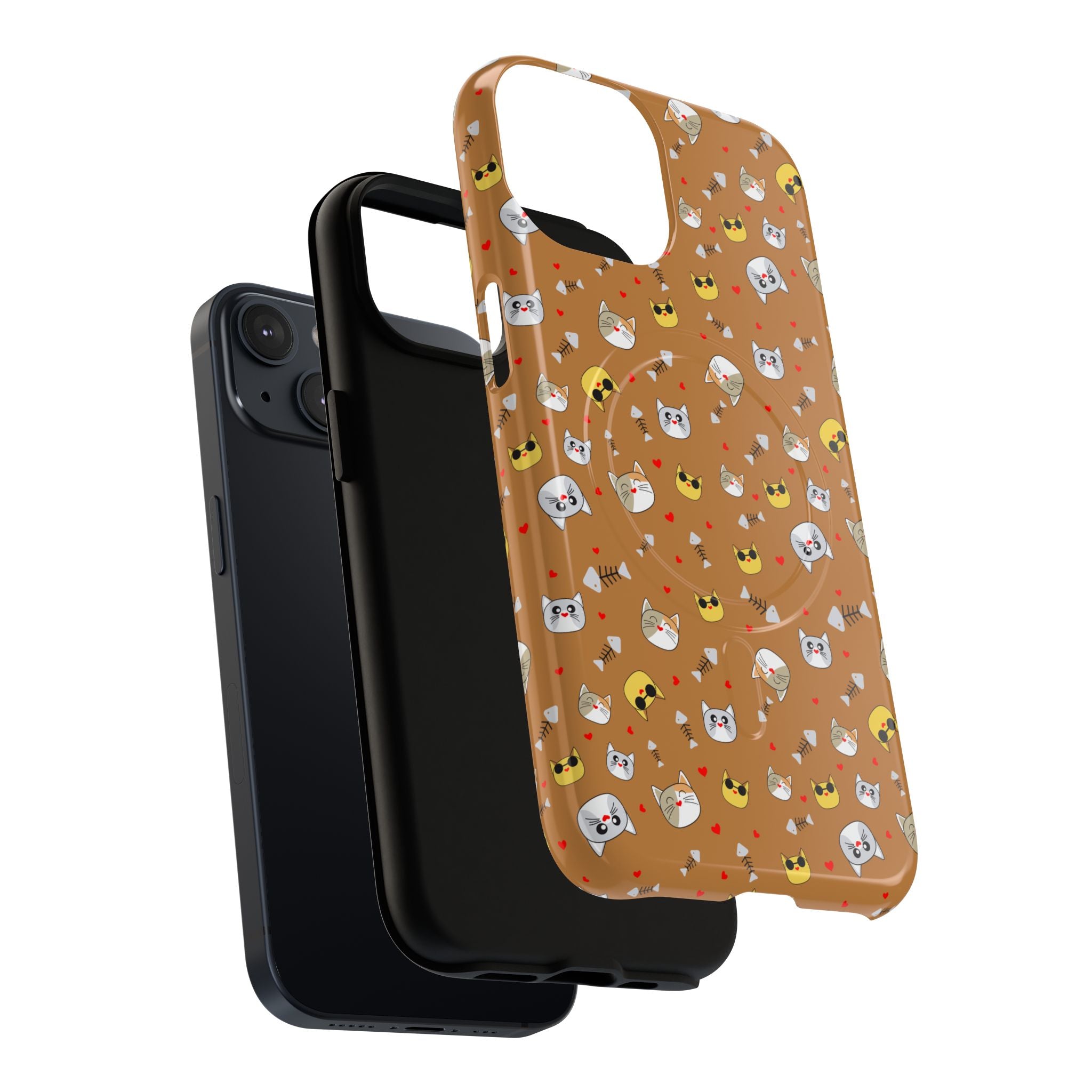 Cat Pattern Tough Magnetic Phone Case — Cute Kawaii Cat Faces on Brown