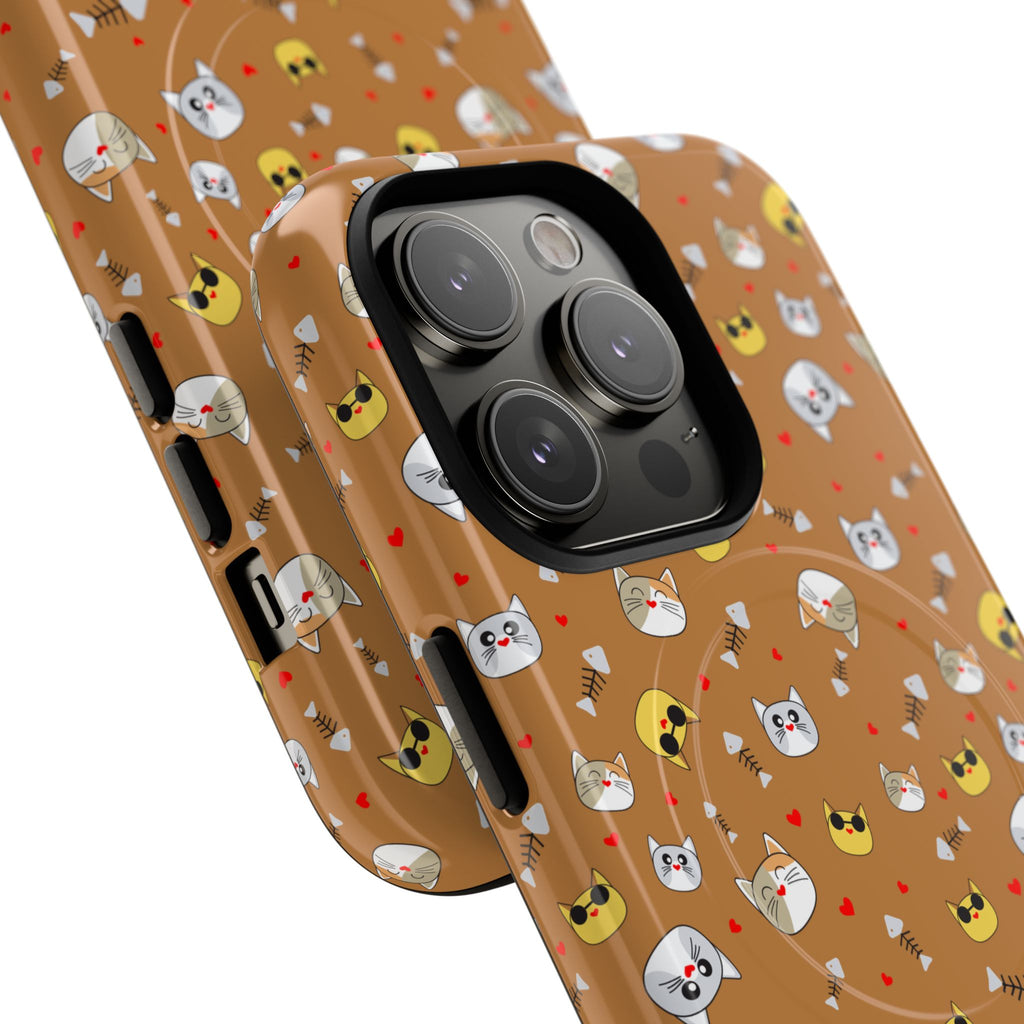 Cat Pattern Tough Magnetic Phone Case — Cute Kawaii Cat Faces on Brown