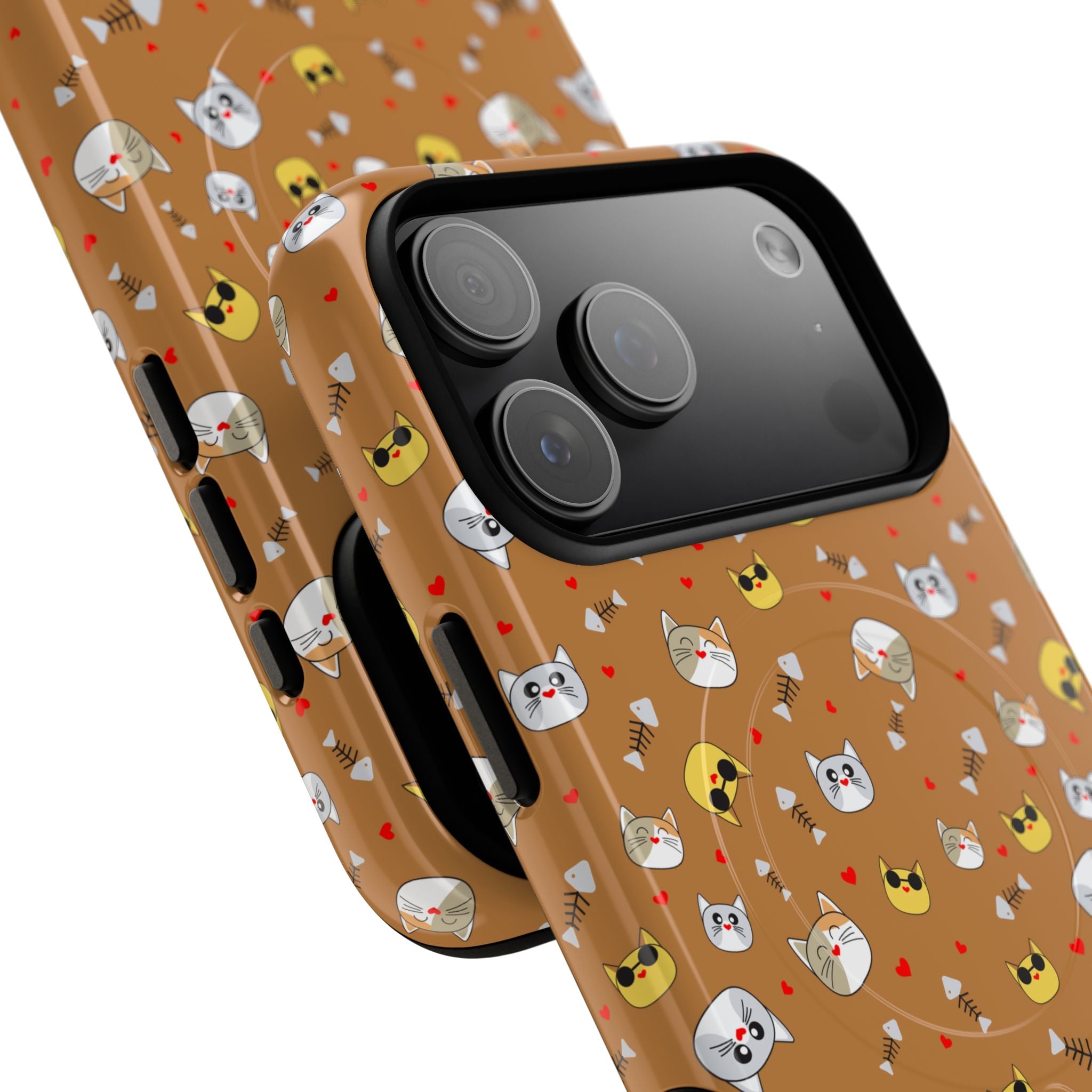Cat Pattern Tough Magnetic Phone Case — Cute Kawaii Cat Faces on Brown