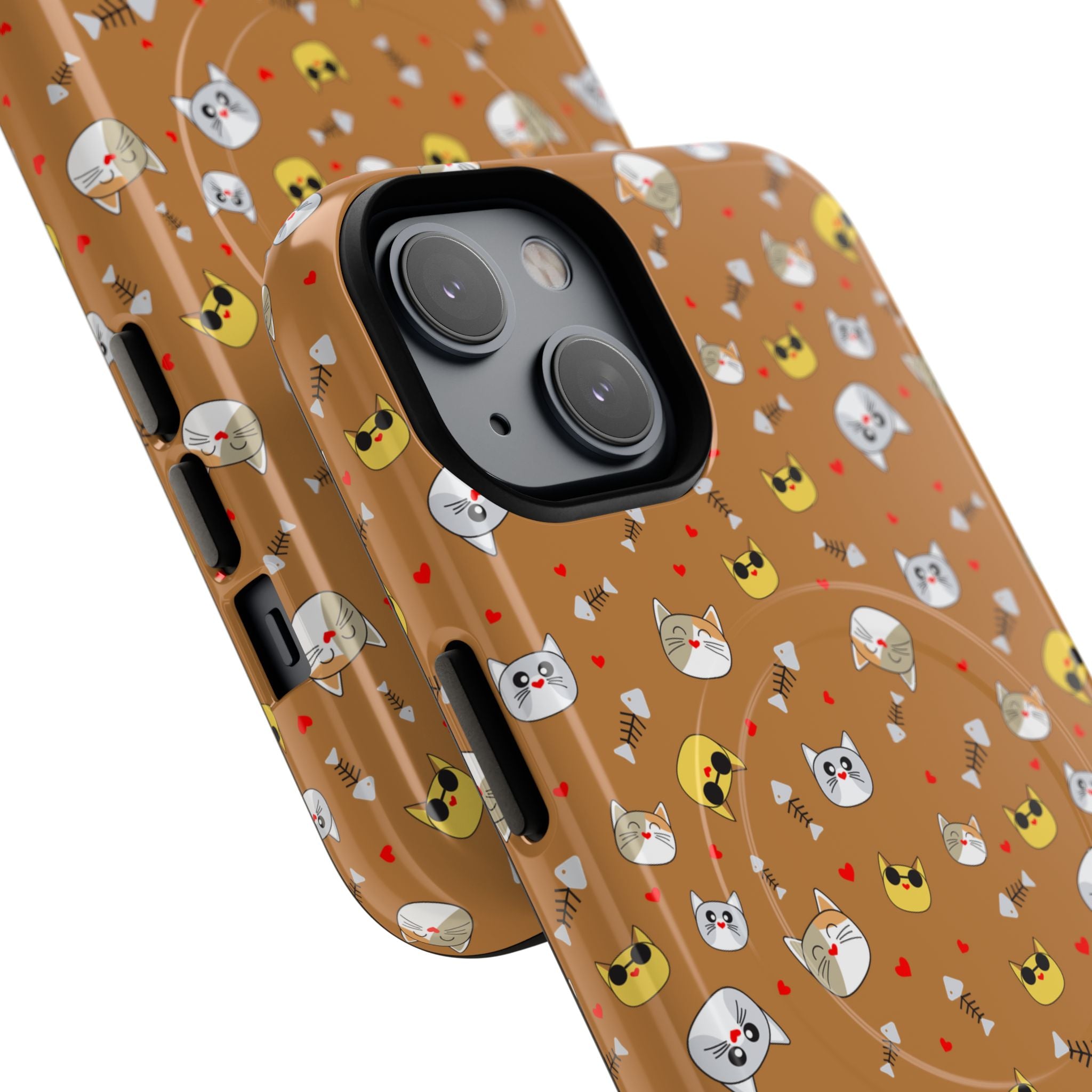 Cat Pattern Tough Magnetic Phone Case — Cute Kawaii Cat Faces on Brown