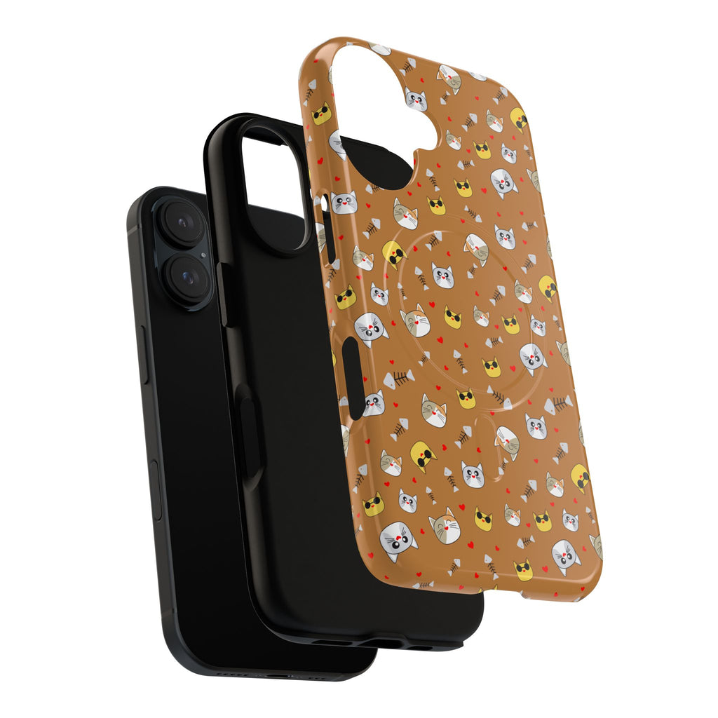 Cat Pattern Tough Magnetic Phone Case — Cute Kawaii Cat Faces on Brown