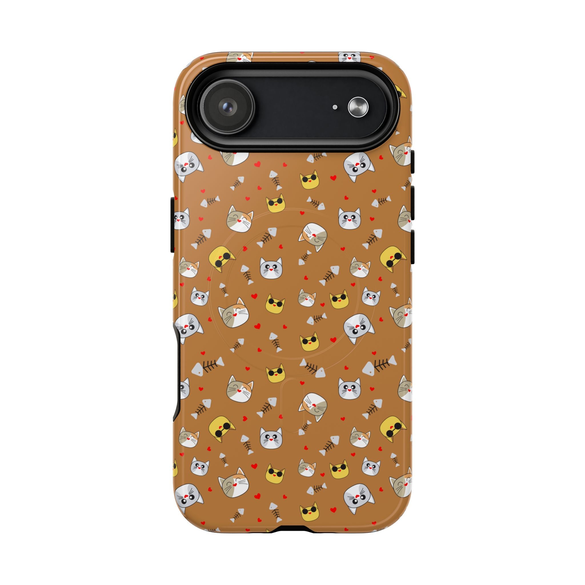 Cat Pattern Tough Magnetic Phone Case — Cute Kawaii Cat Faces on Brown