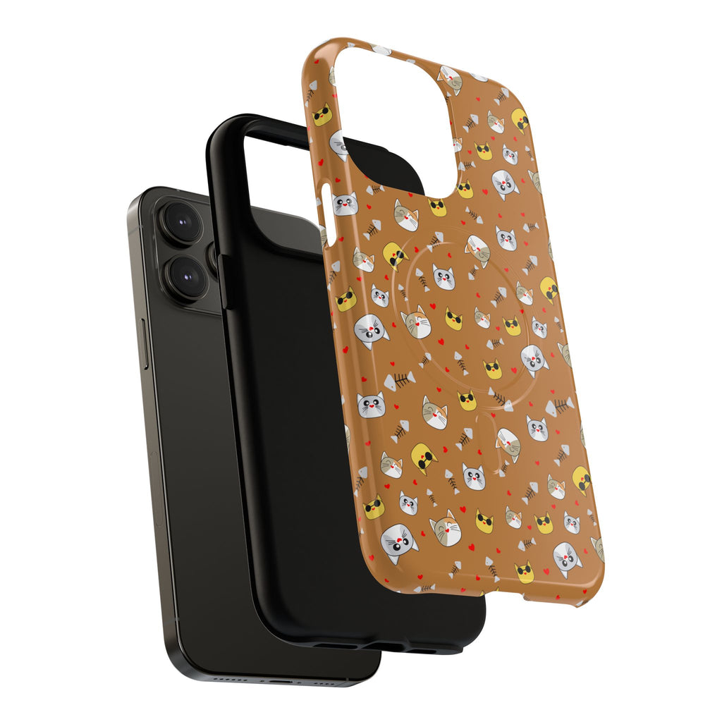 Cat Pattern Tough Magnetic Phone Case — Cute Kawaii Cat Faces on Brown