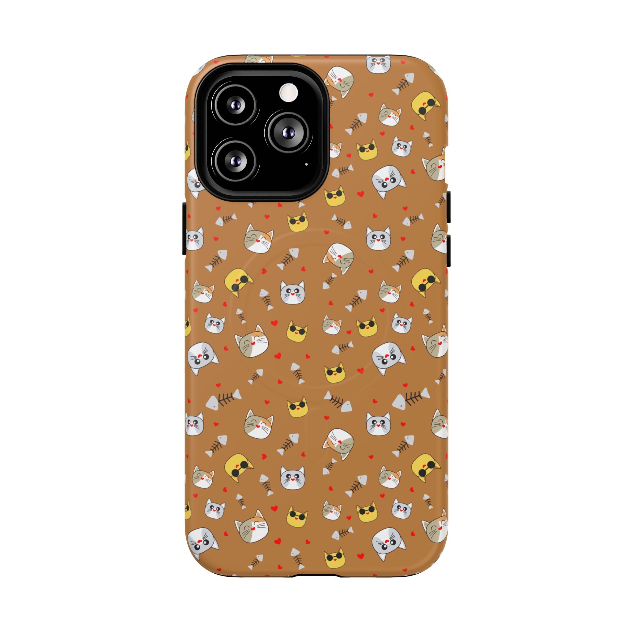 Cat Pattern Tough Magnetic Phone Case — Cute Kawaii Cat Faces on Brown