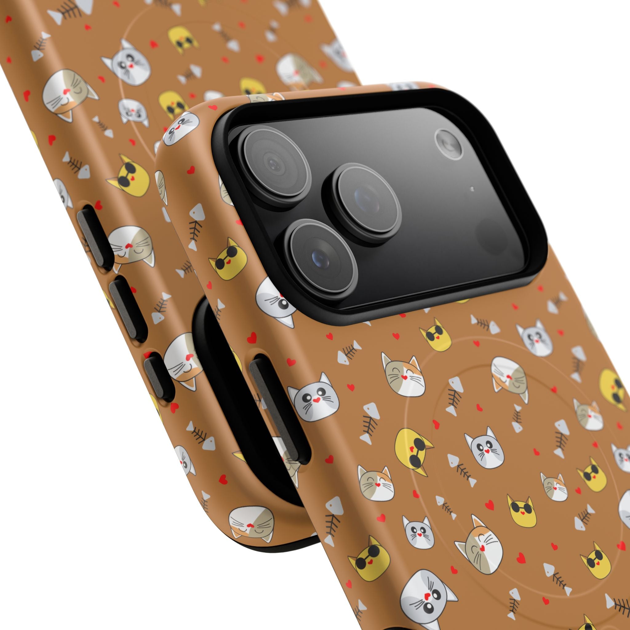 Cat Pattern Tough Magnetic Phone Case — Cute Kawaii Cat Faces on Brown
