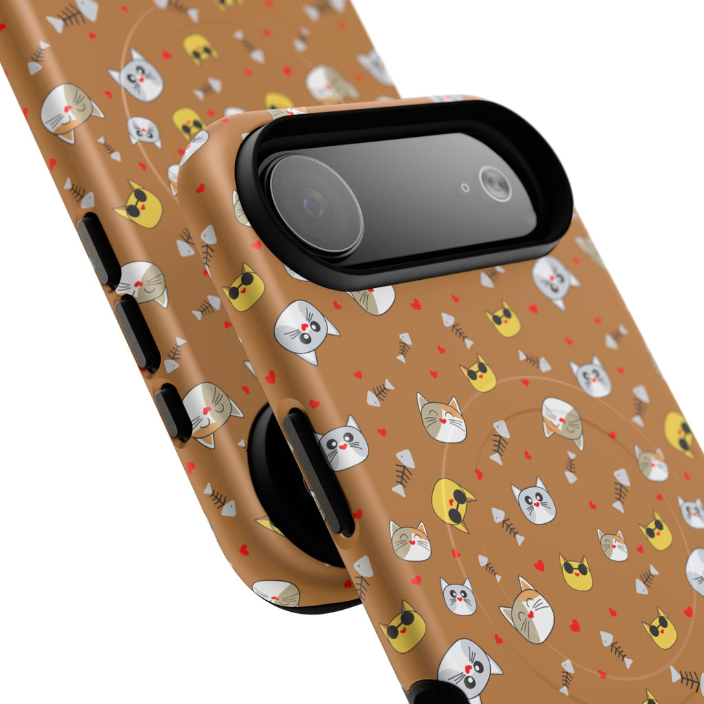 Cat Pattern Tough Magnetic Phone Case — Cute Kawaii Cat Faces on Brown