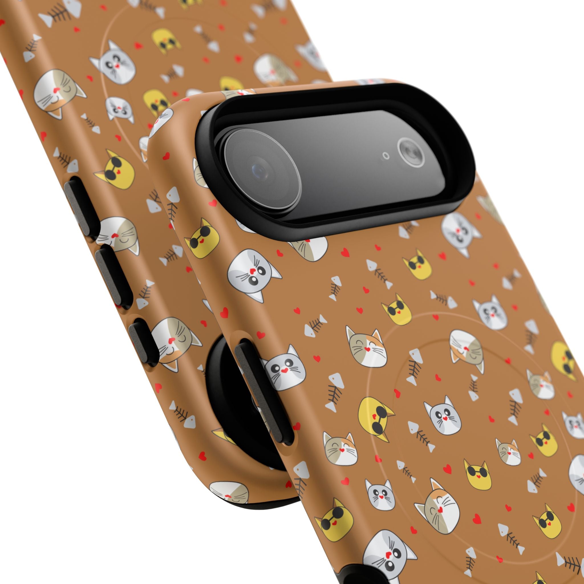 Cat Pattern Tough Magnetic Phone Case — Cute Kawaii Cat Faces on Brown