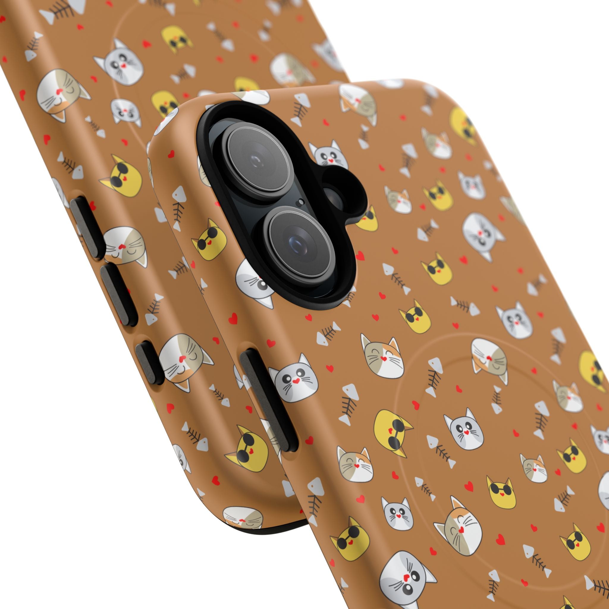 Cat Pattern Tough Magnetic Phone Case — Cute Kawaii Cat Faces on Brown