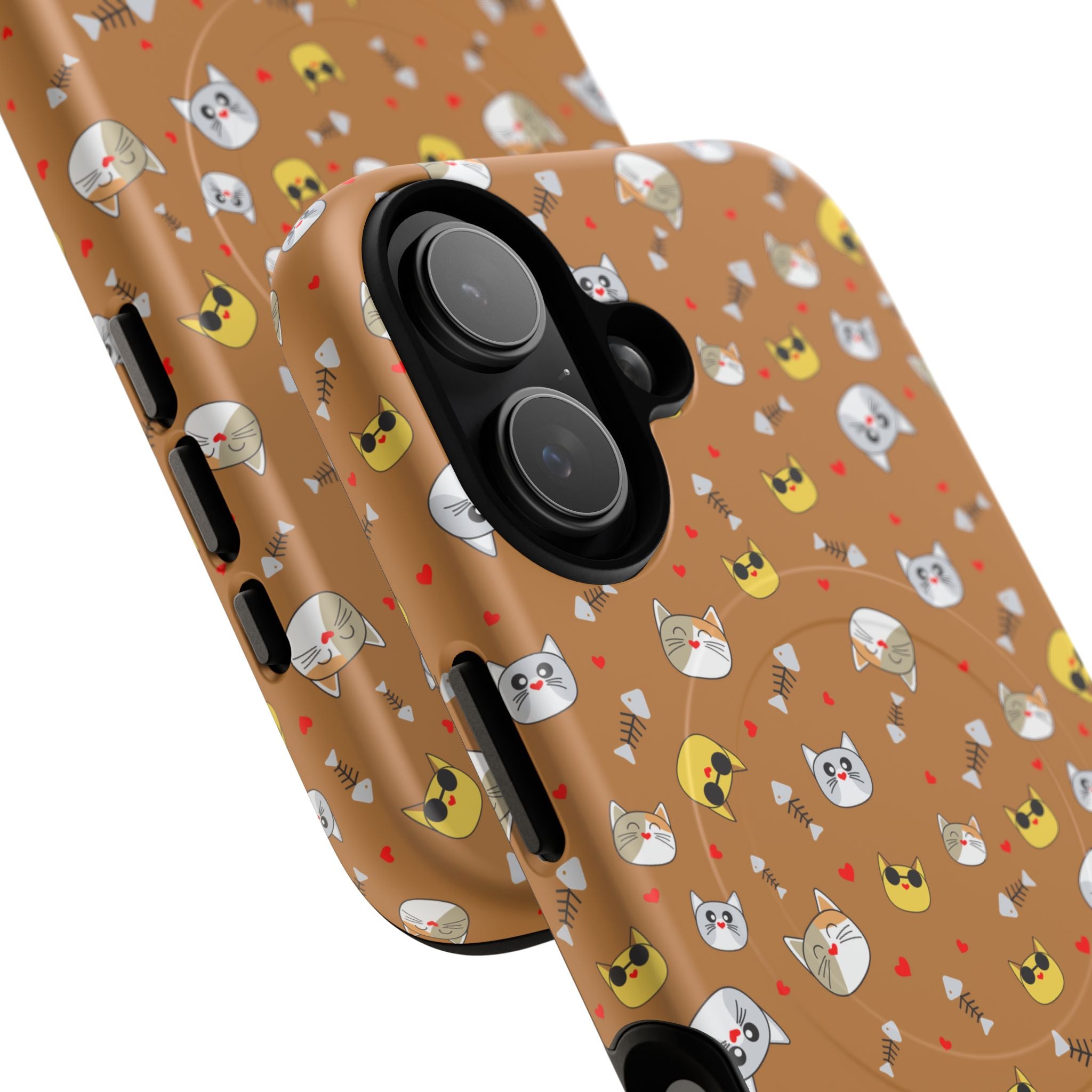 Cat Pattern Tough Magnetic Phone Case — Cute Kawaii Cat Faces on Brown