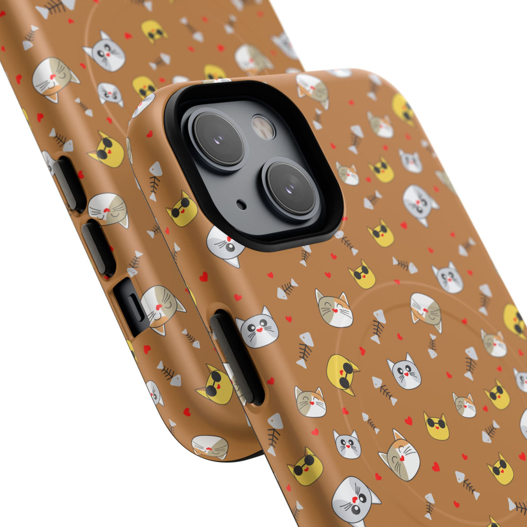 Cat Pattern Tough Magnetic Phone Case — Cute Kawaii Cat Faces on Brown