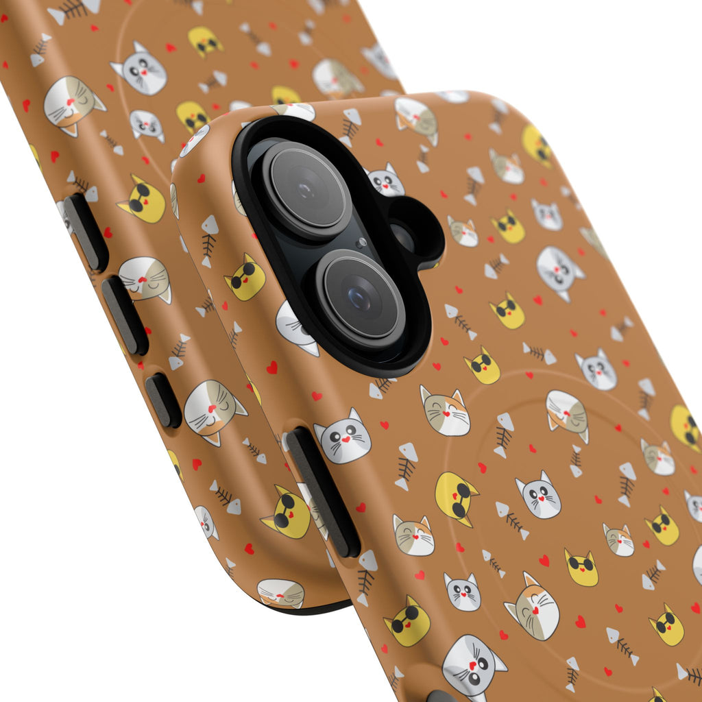 Cat Pattern Tough Magnetic Phone Case — Cute Kawaii Cat Faces on Brown