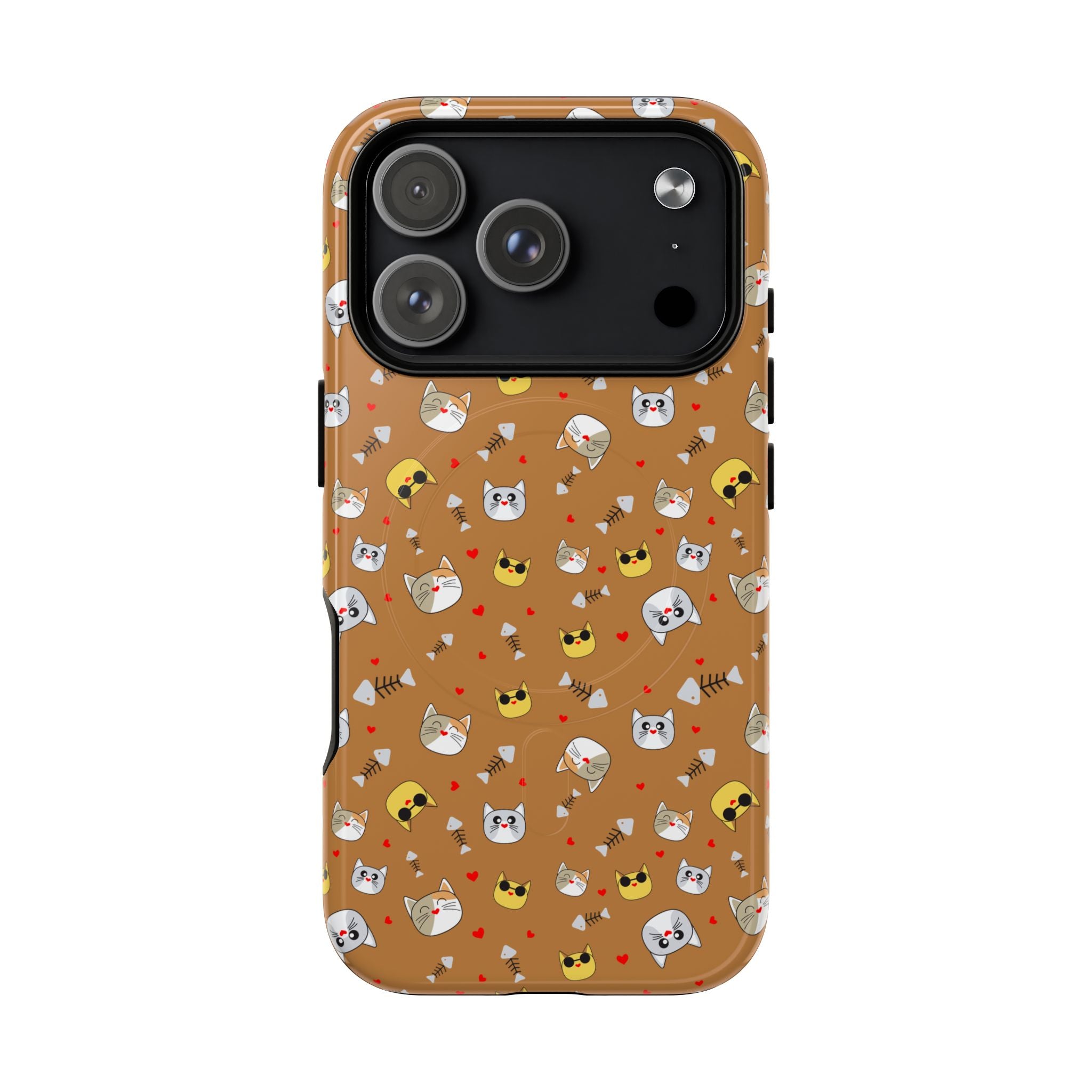 Cat Pattern Tough Magnetic Phone Case — Cute Kawaii Cat Faces on Brown