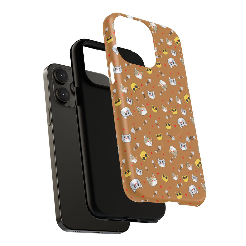 Cat Pattern Tough Magnetic Phone Case — Cute Kawaii Cat Faces on Brown