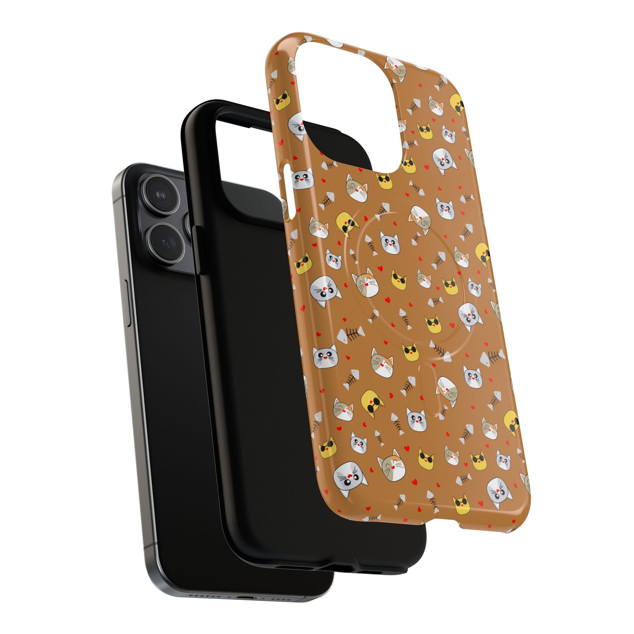 Cat Pattern Tough Magnetic Phone Case — Cute Kawaii Cat Faces on Brown