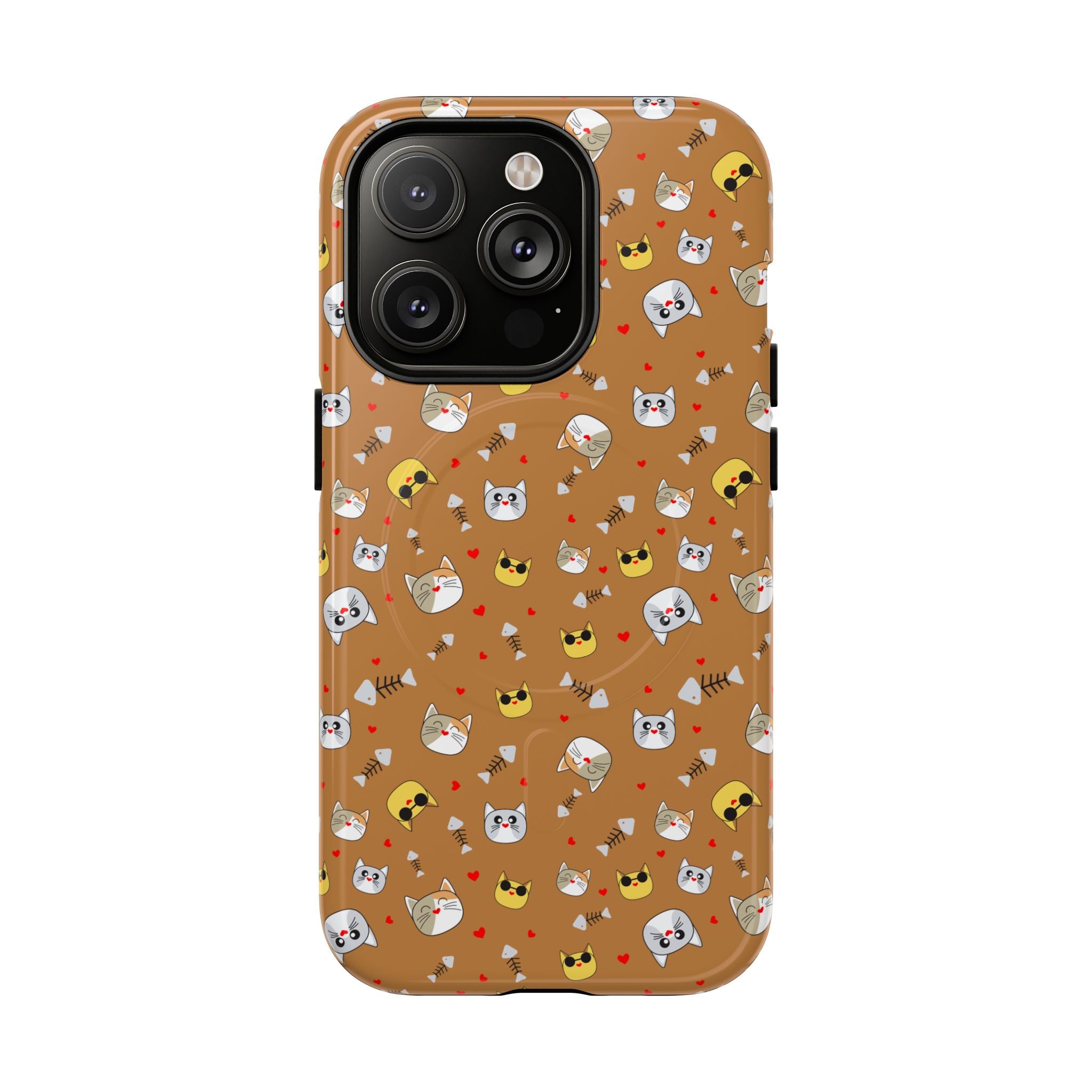 Cat Pattern Tough Magnetic Phone Case — Cute Kawaii Cat Faces on Brown