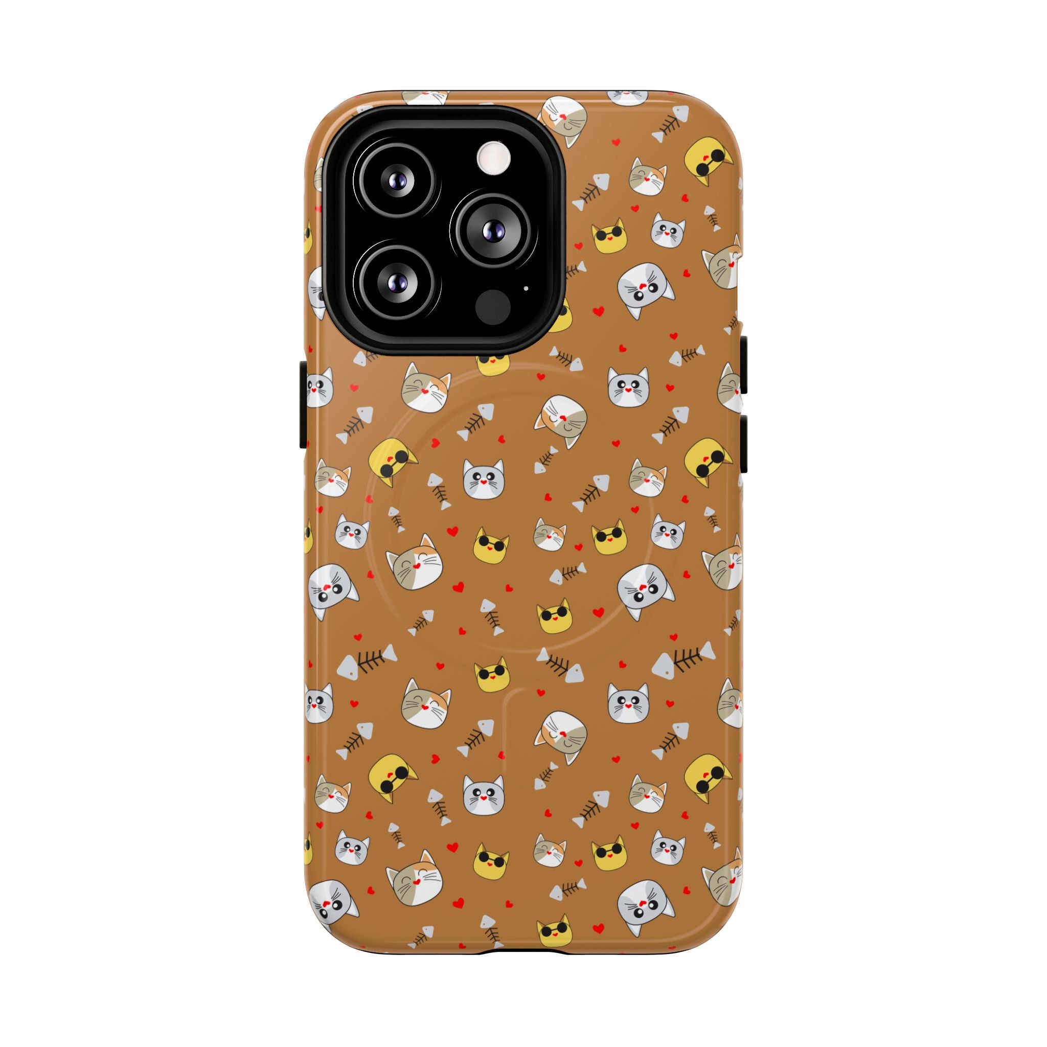 Cat Pattern Tough Magnetic Phone Case — Cute Kawaii Cat Faces on Brown