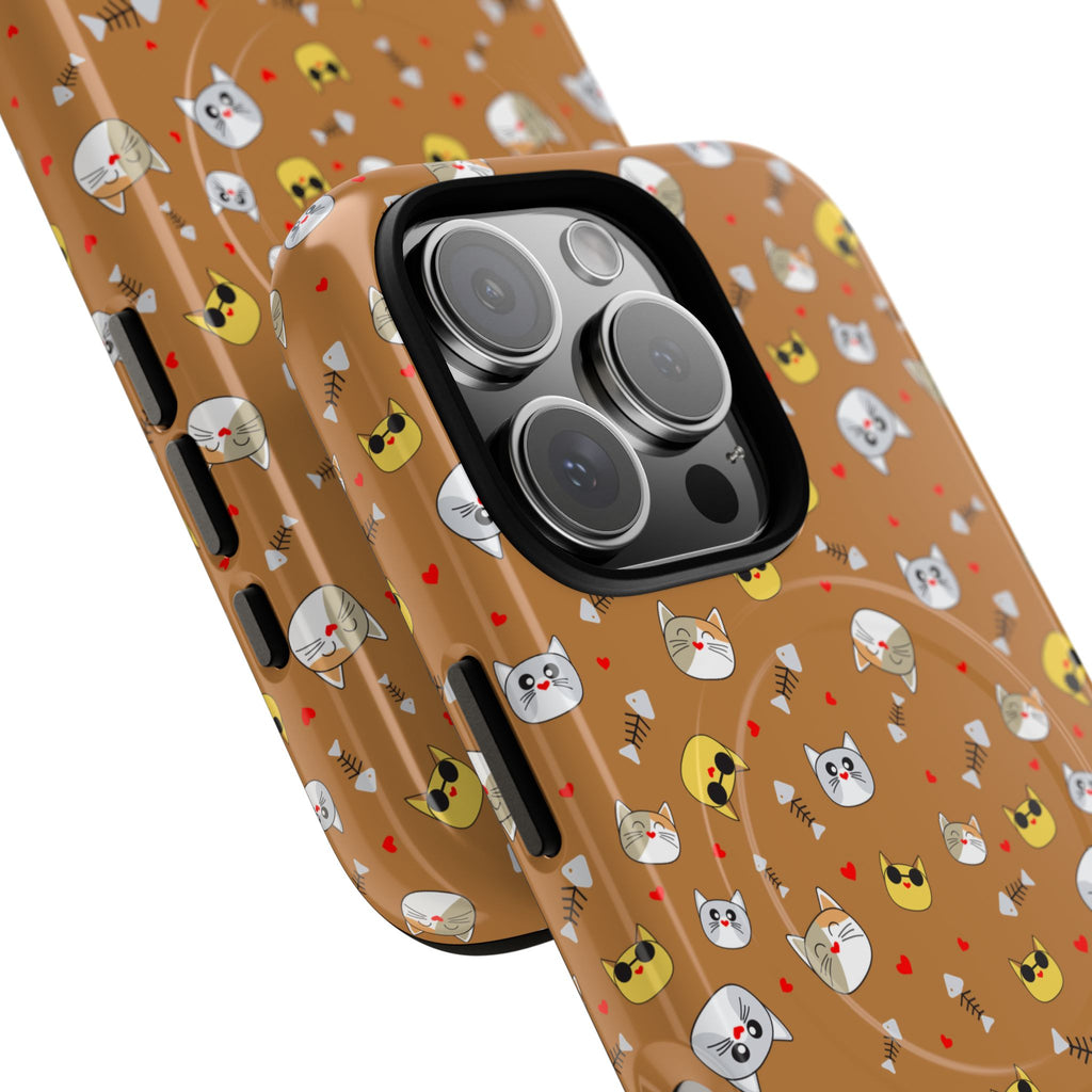 Cat Pattern Tough Magnetic Phone Case — Cute Kawaii Cat Faces on Brown