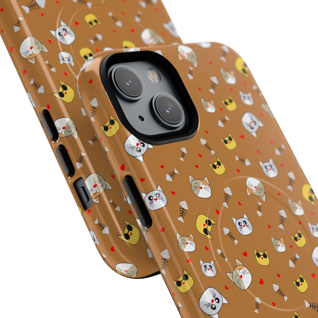 Cat Pattern Tough Magnetic Phone Case — Cute Kawaii Cat Faces on Brown