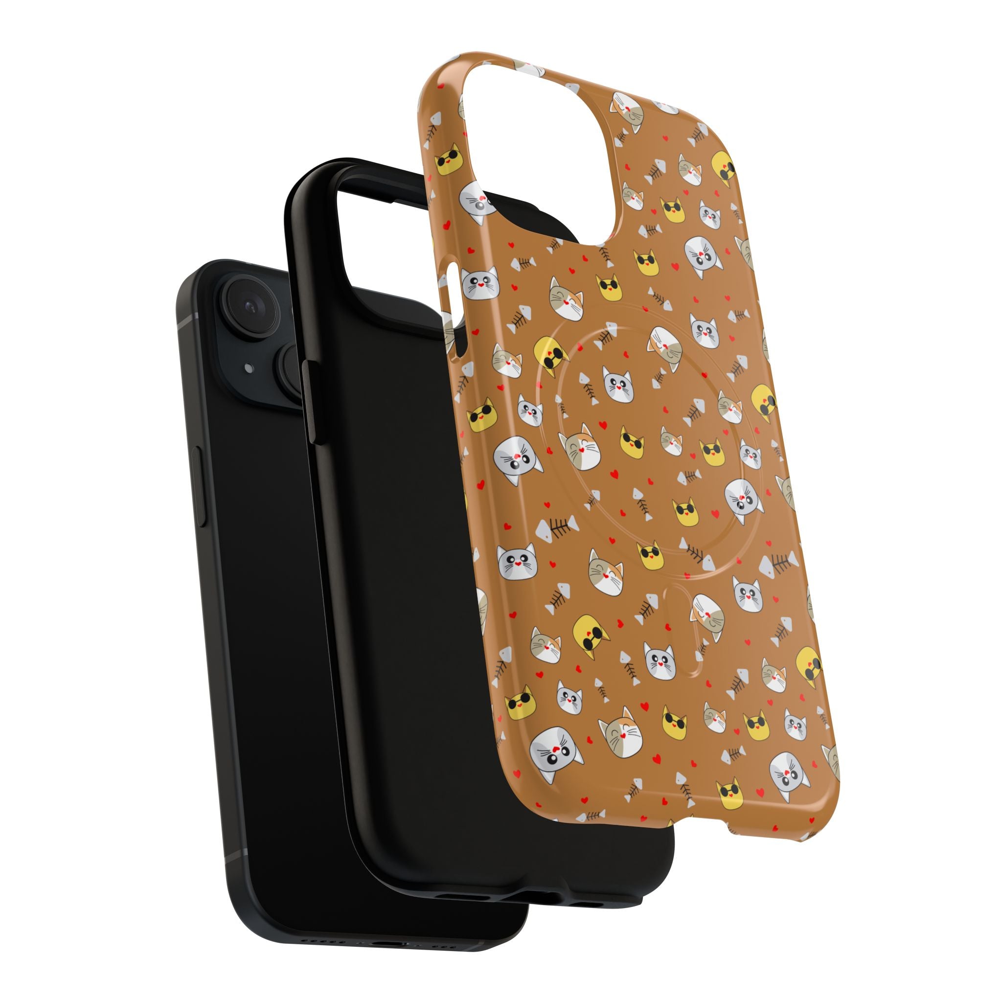 Cat Pattern Tough Magnetic Phone Case — Cute Kawaii Cat Faces on Brown