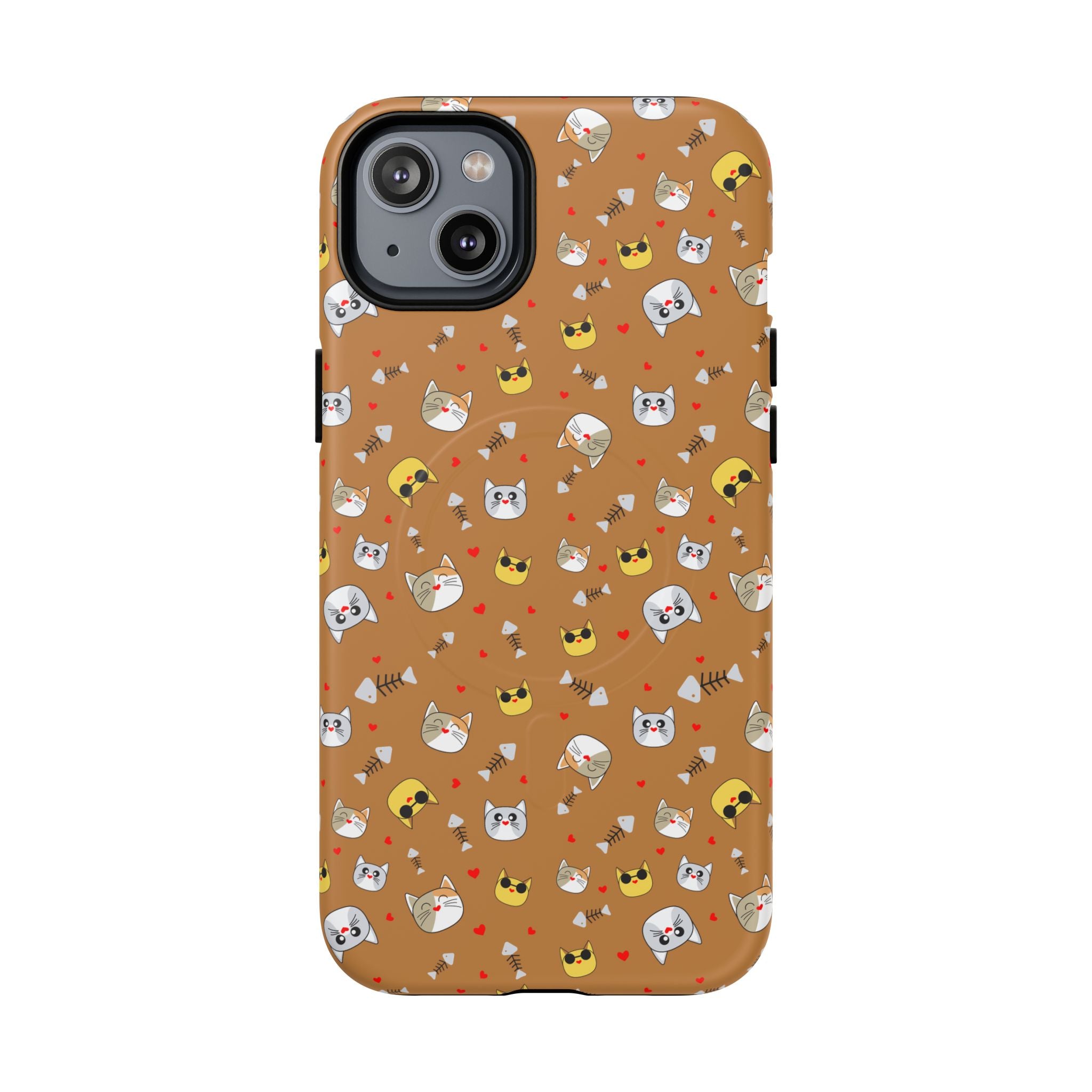 Cat Pattern Tough Magnetic Phone Case — Cute Kawaii Cat Faces on Brown