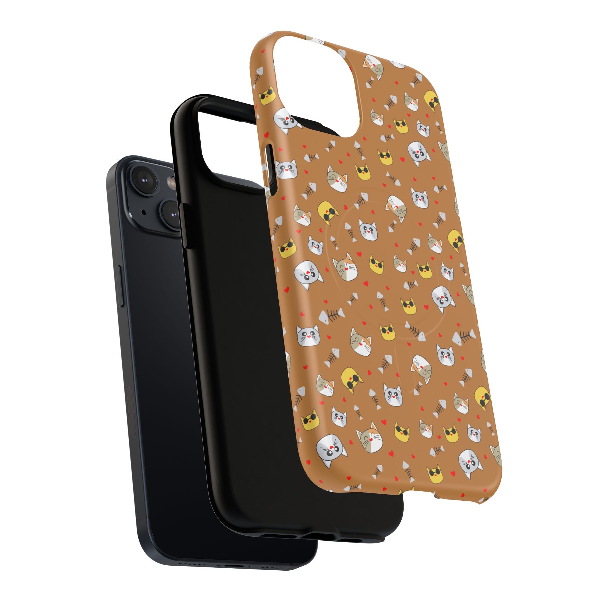 Cat Pattern Tough Magnetic Phone Case — Cute Kawaii Cat Faces on Brown