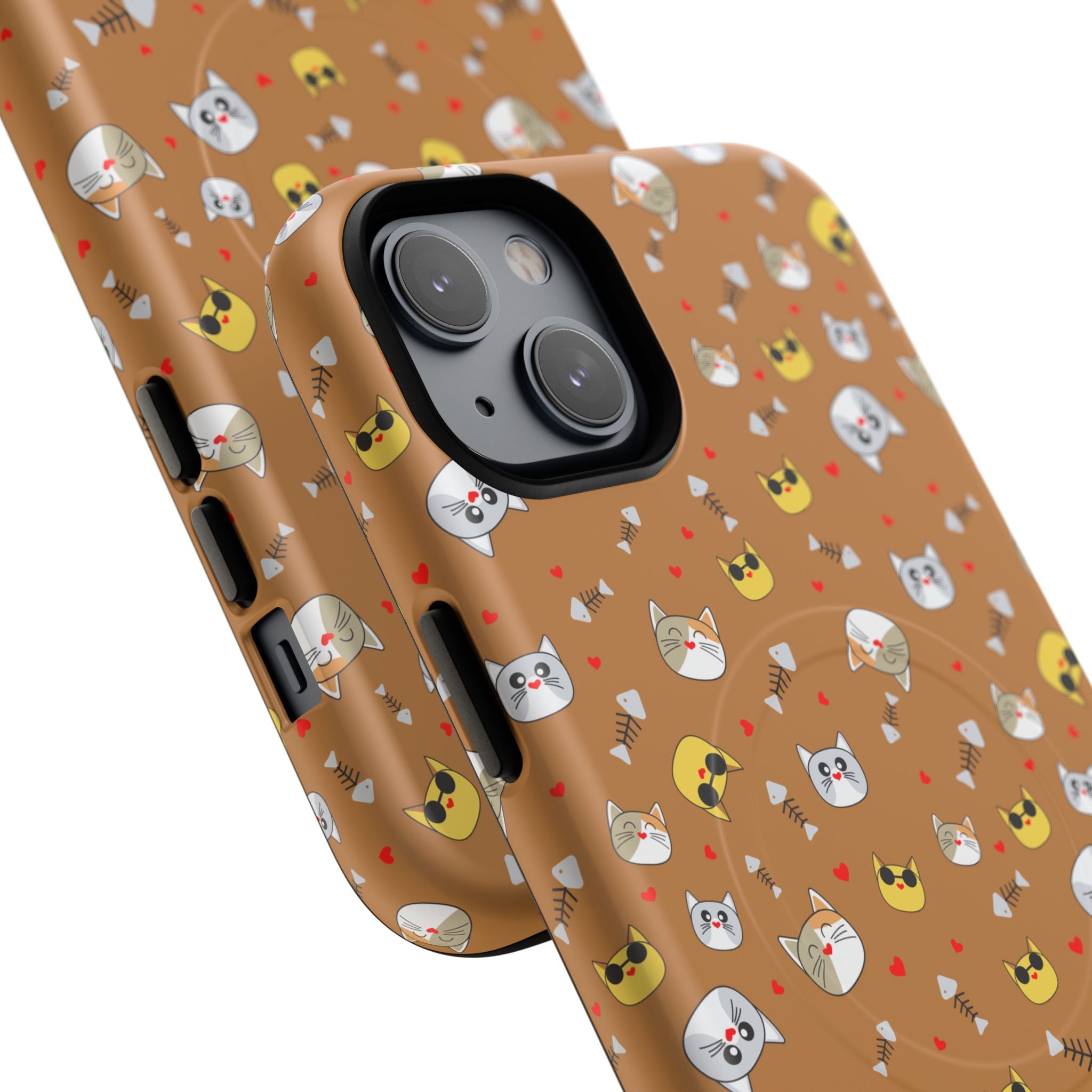 Cat Pattern Tough Magnetic Phone Case — Cute Kawaii Cat Faces on Brown