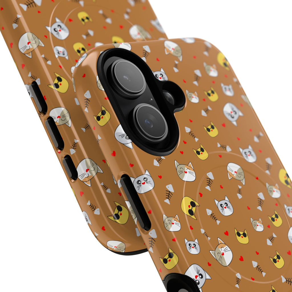Cat Pattern Tough Magnetic Phone Case — Cute Kawaii Cat Faces on Brown