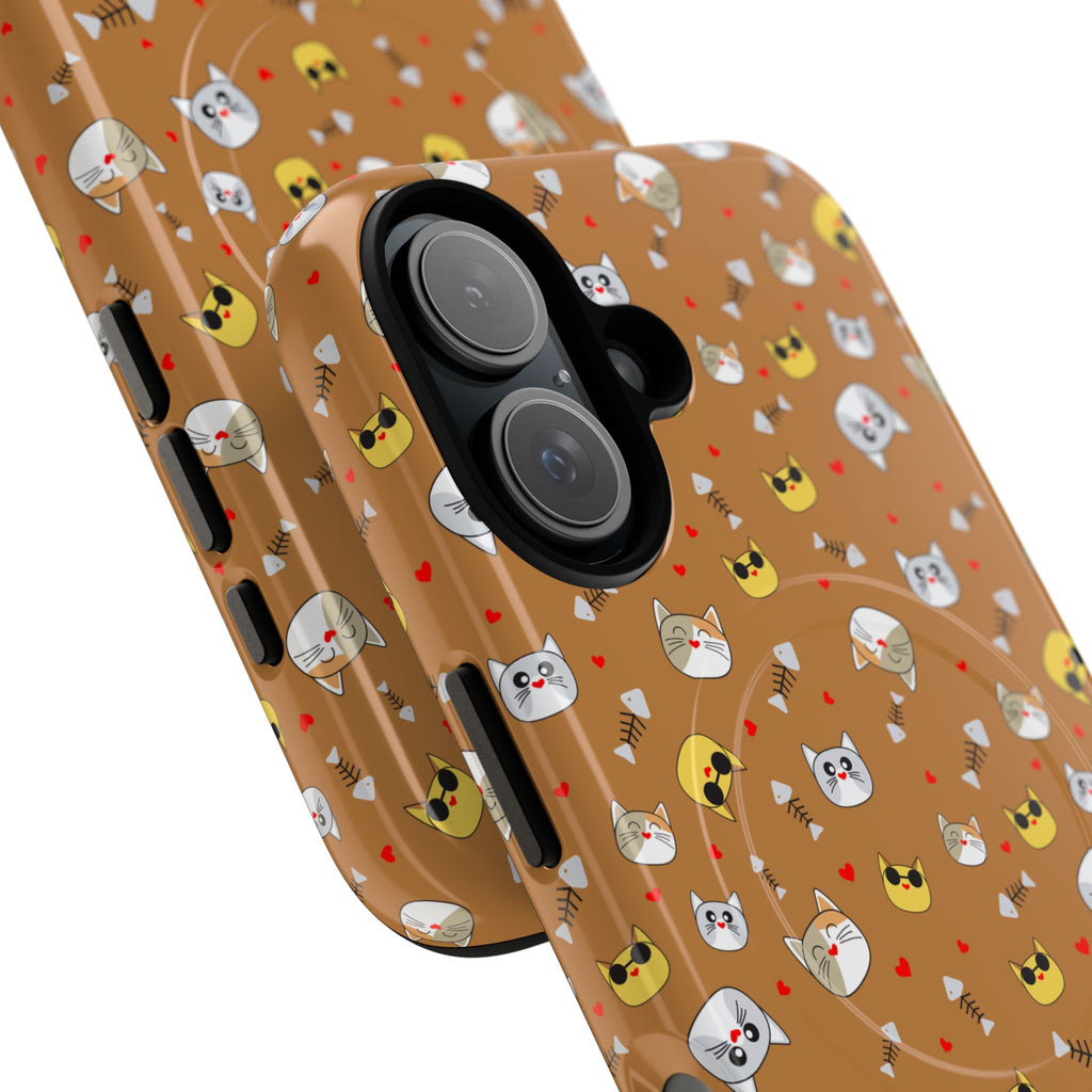 Cat Pattern Tough Magnetic Phone Case — Cute Kawaii Cat Faces on Brown