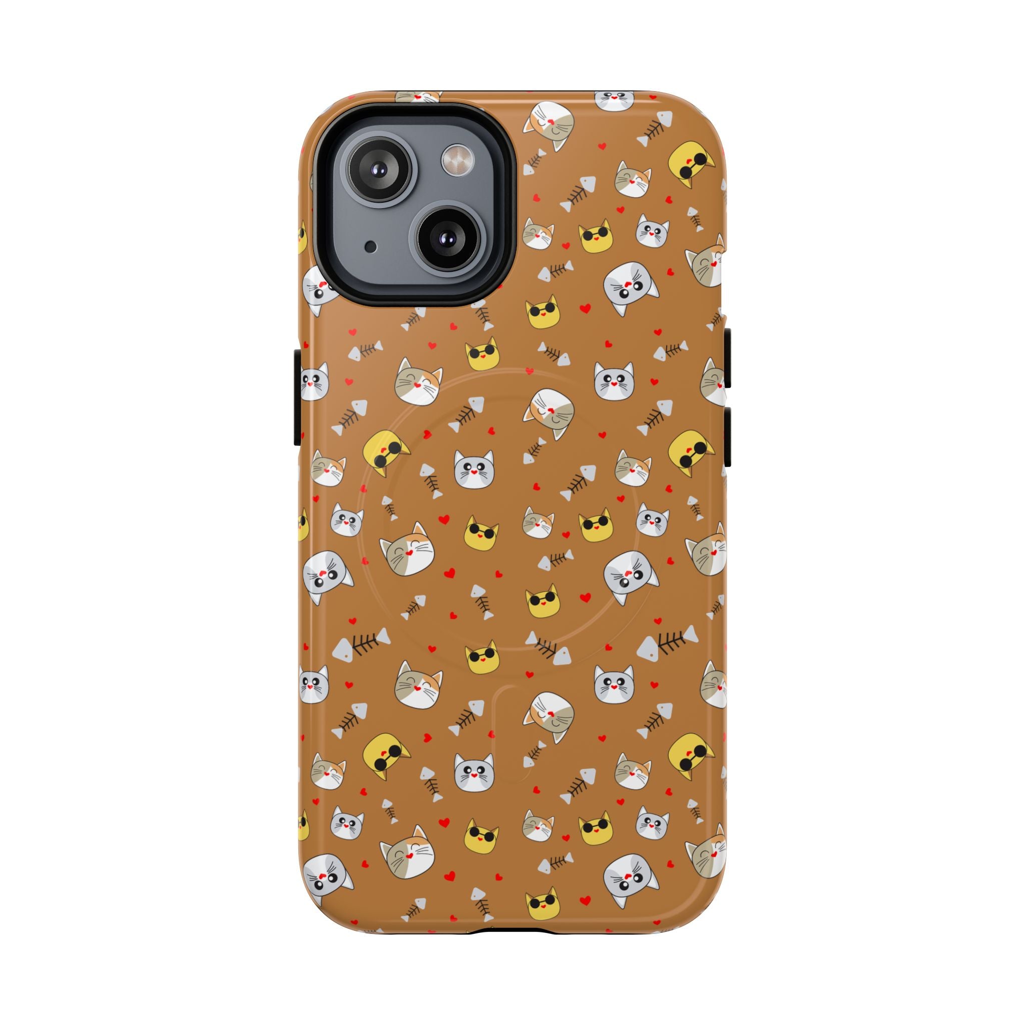 Cat Pattern Tough Magnetic Phone Case — Cute Kawaii Cat Faces on Brown