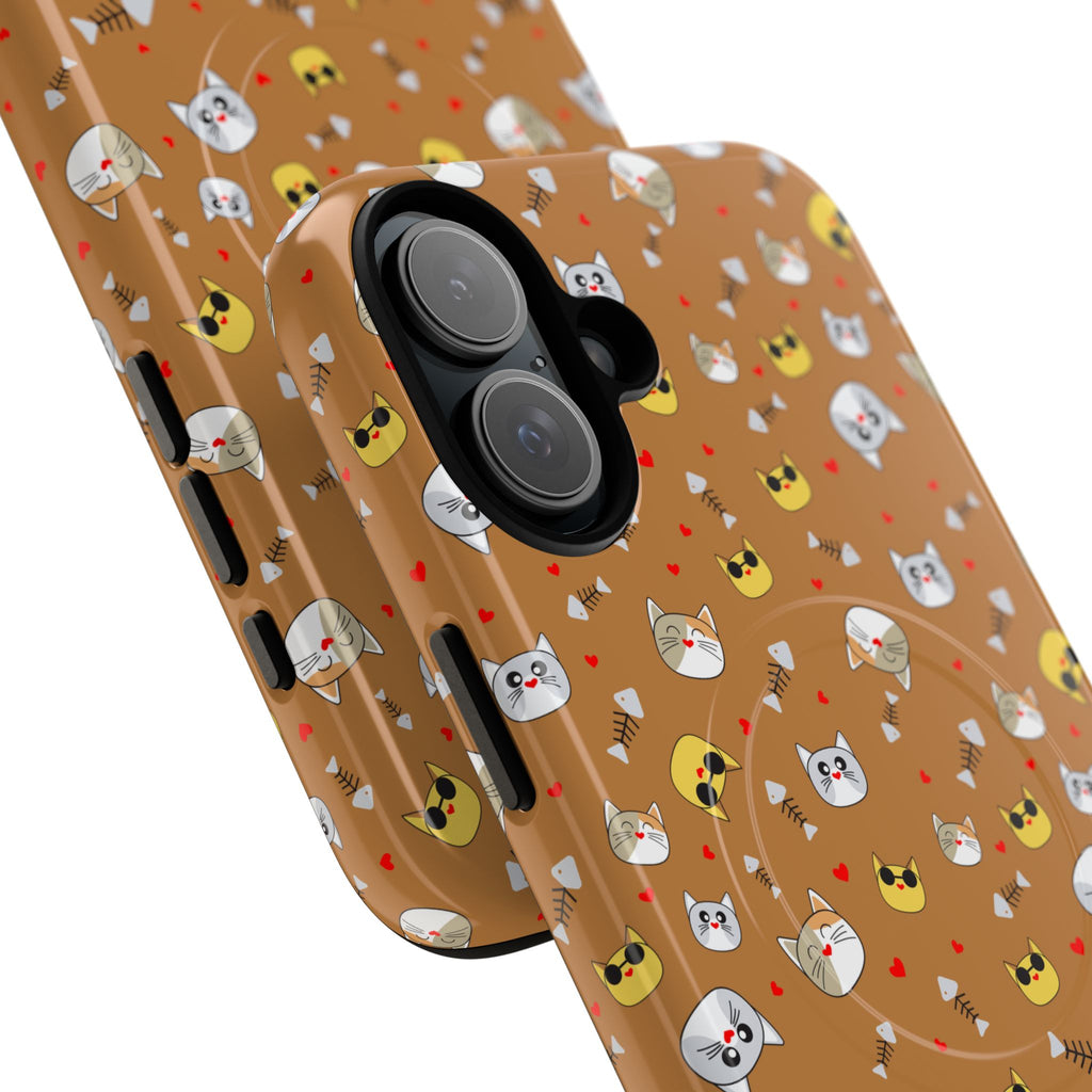 Cat Pattern Tough Magnetic Phone Case — Cute Kawaii Cat Faces on Brown