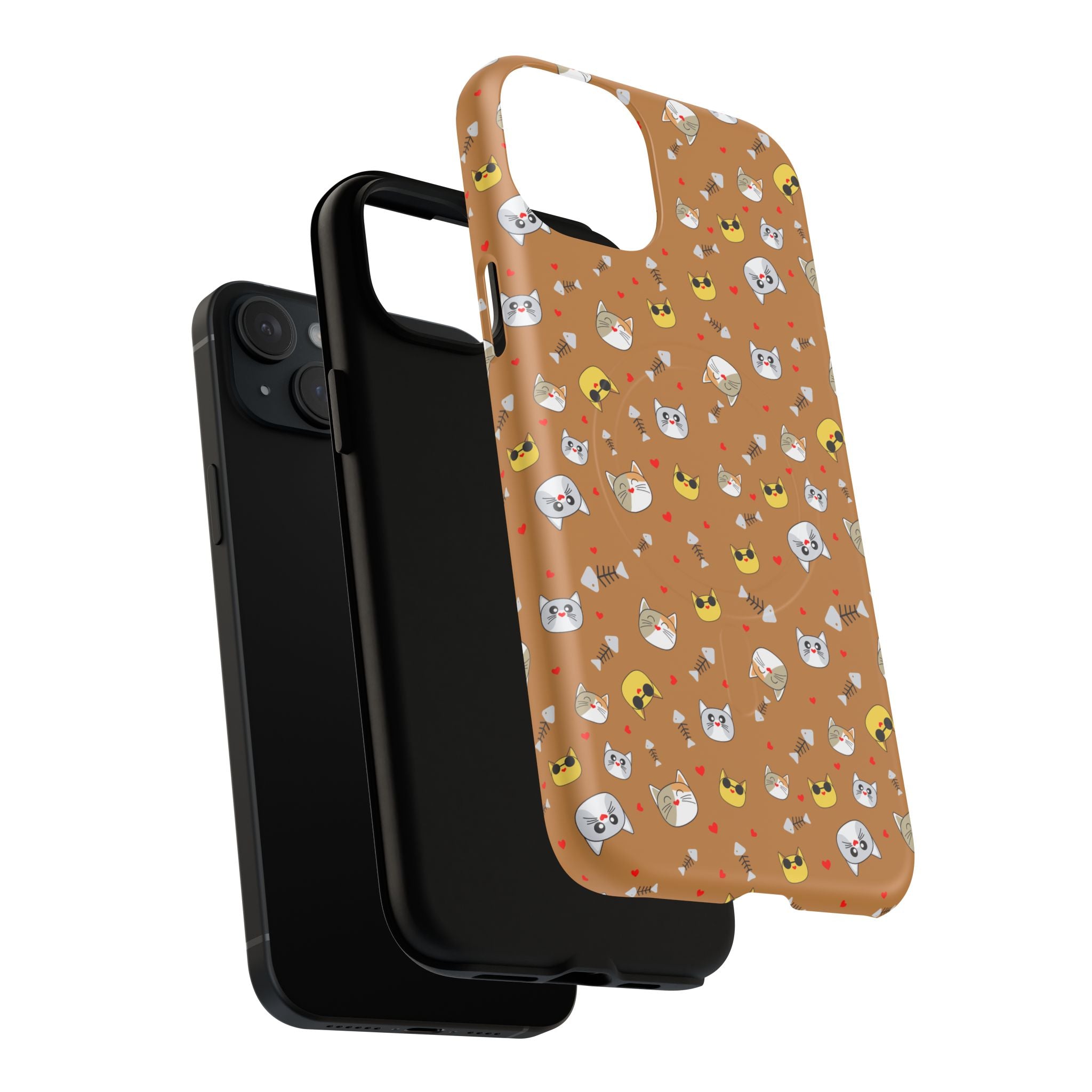 Cat Pattern Tough Magnetic Phone Case — Cute Kawaii Cat Faces on Brown