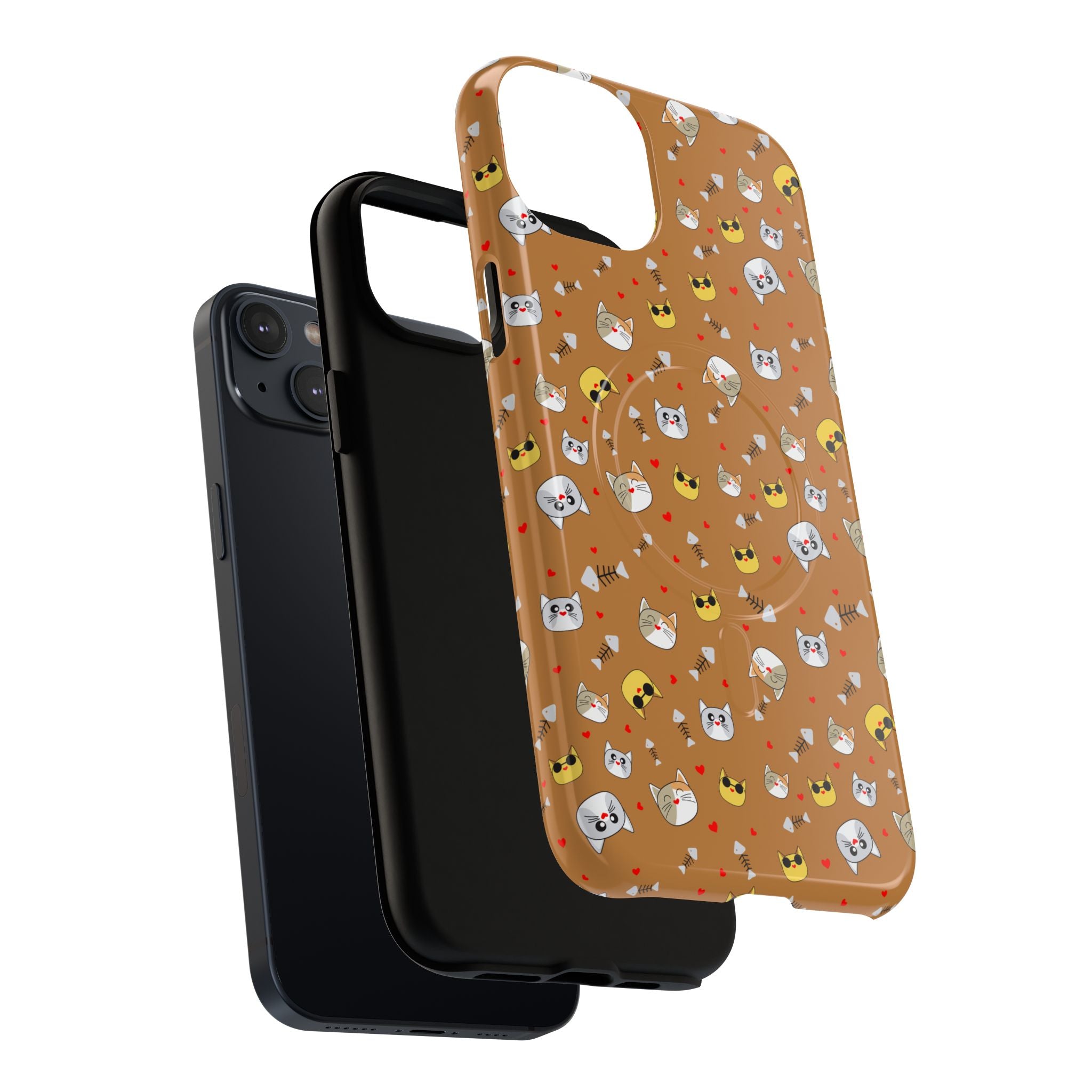 Cat Pattern Tough Magnetic Phone Case — Cute Kawaii Cat Faces on Brown