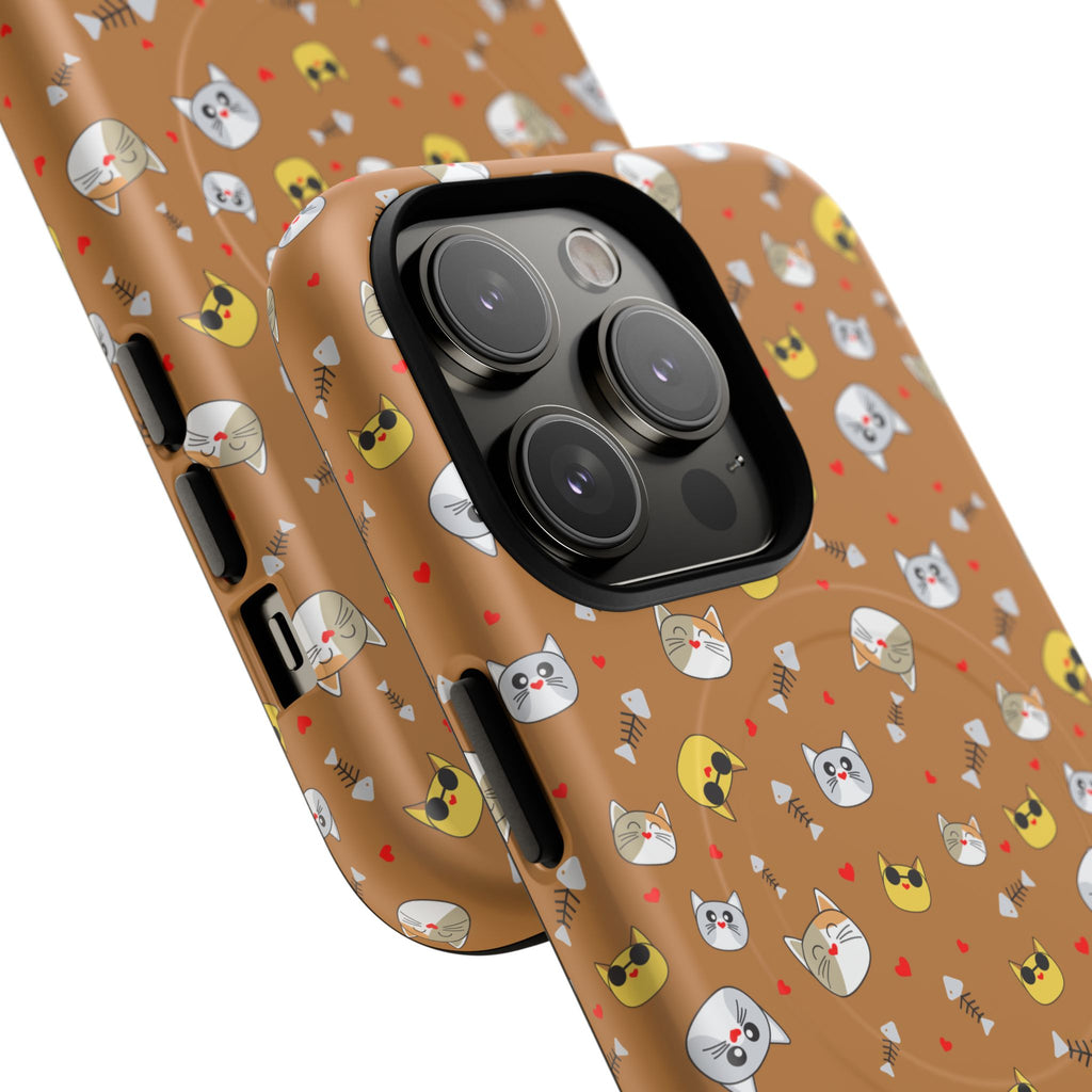 Cat Pattern Tough Magnetic Phone Case — Cute Kawaii Cat Faces on Brown