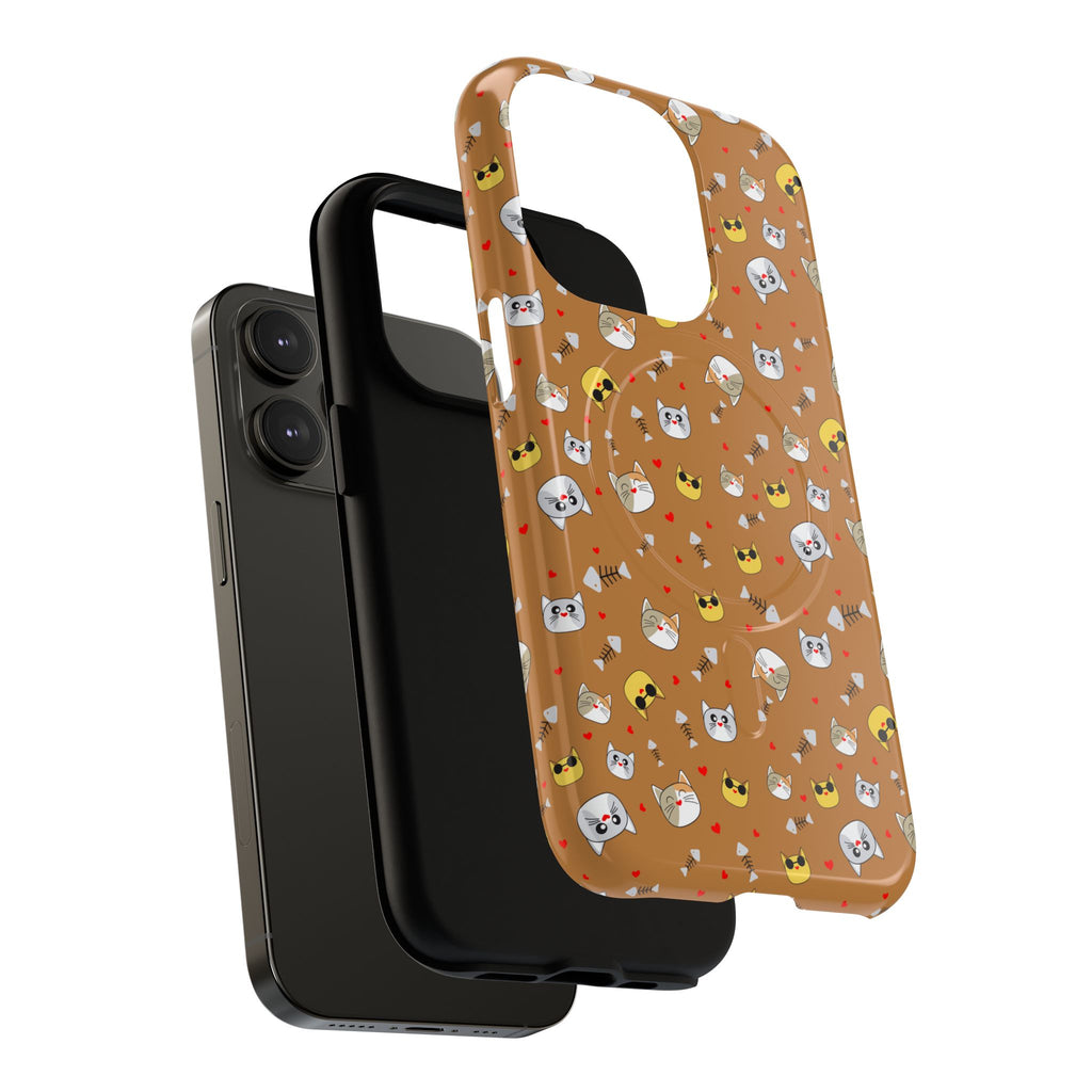 Cat Pattern Tough Magnetic Phone Case — Cute Kawaii Cat Faces on Brown
