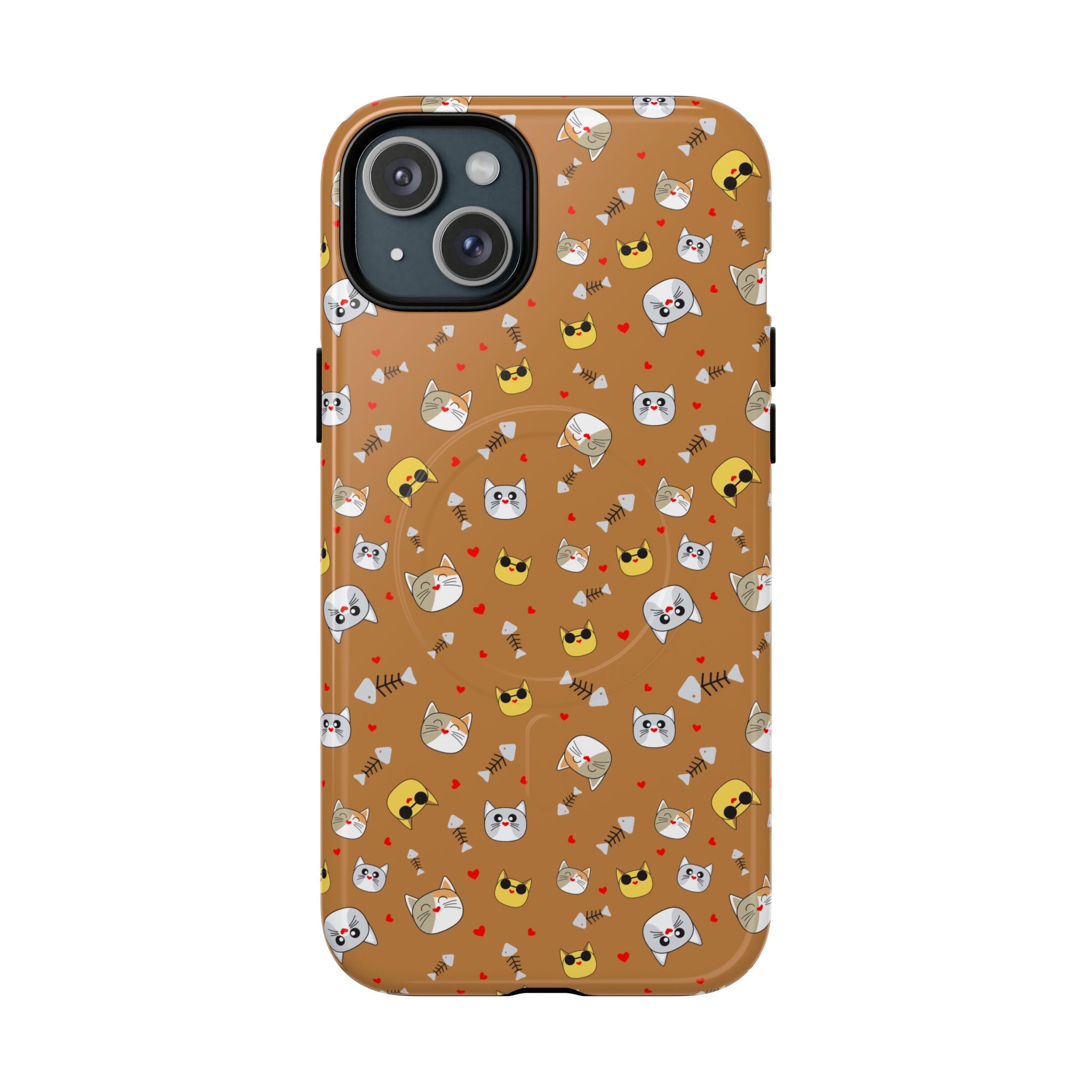 Cat Pattern Tough Magnetic Phone Case — Cute Kawaii Cat Faces on Brown