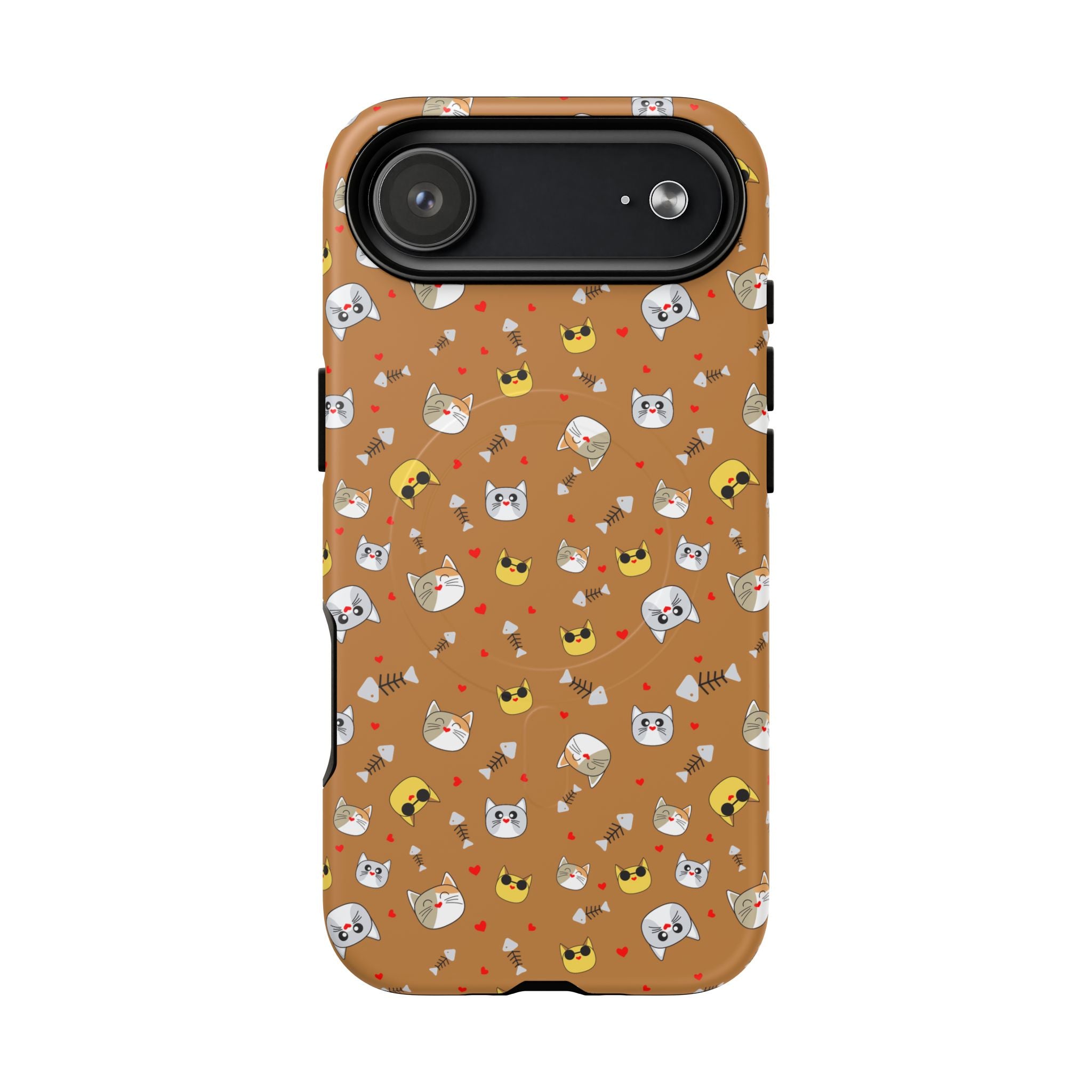 Cat Pattern Tough Magnetic Phone Case — Cute Kawaii Cat Faces on Brown