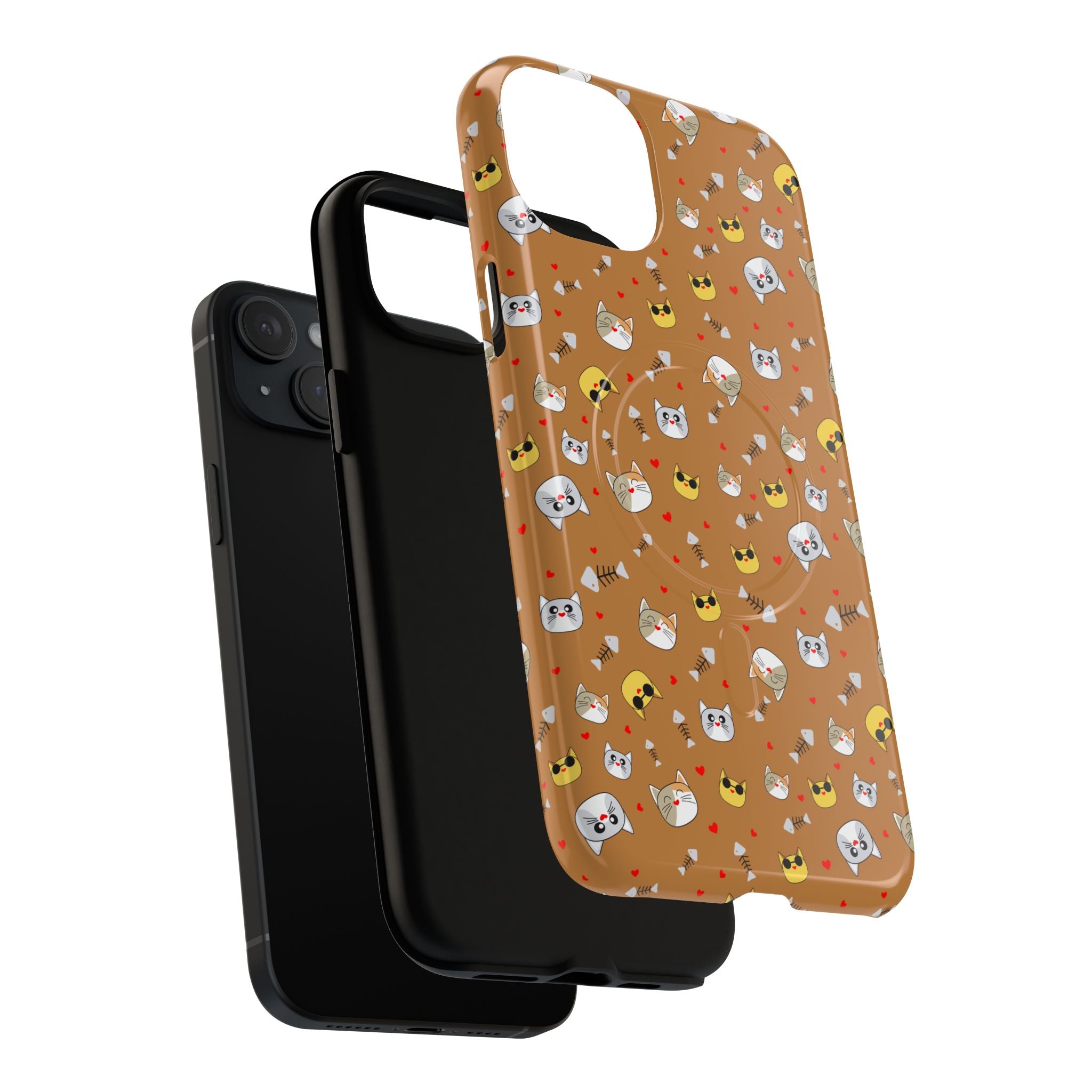 Cat Pattern Tough Magnetic Phone Case — Cute Kawaii Cat Faces on Brown