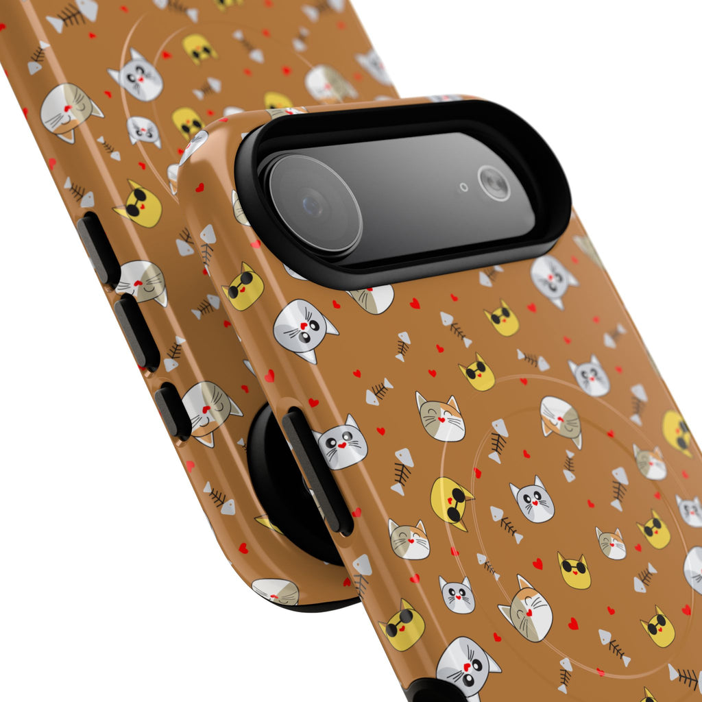 Cat Pattern Tough Magnetic Phone Case — Cute Kawaii Cat Faces on Brown