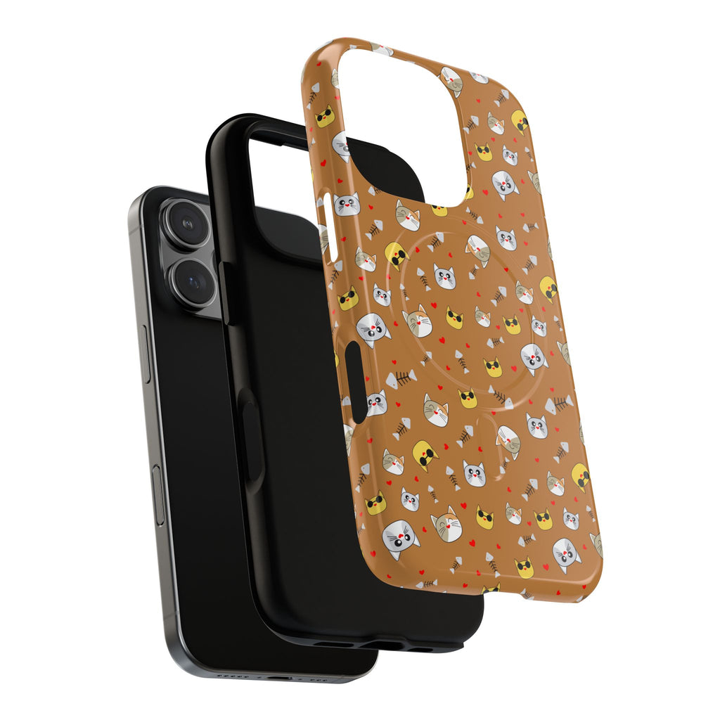 Cat Pattern Tough Magnetic Phone Case — Cute Kawaii Cat Faces on Brown