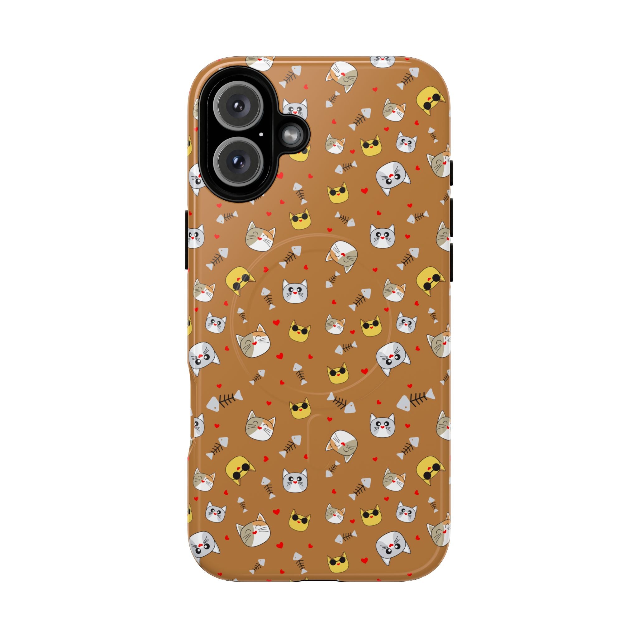 Cat Pattern Tough Magnetic Phone Case — Cute Kawaii Cat Faces on Brown