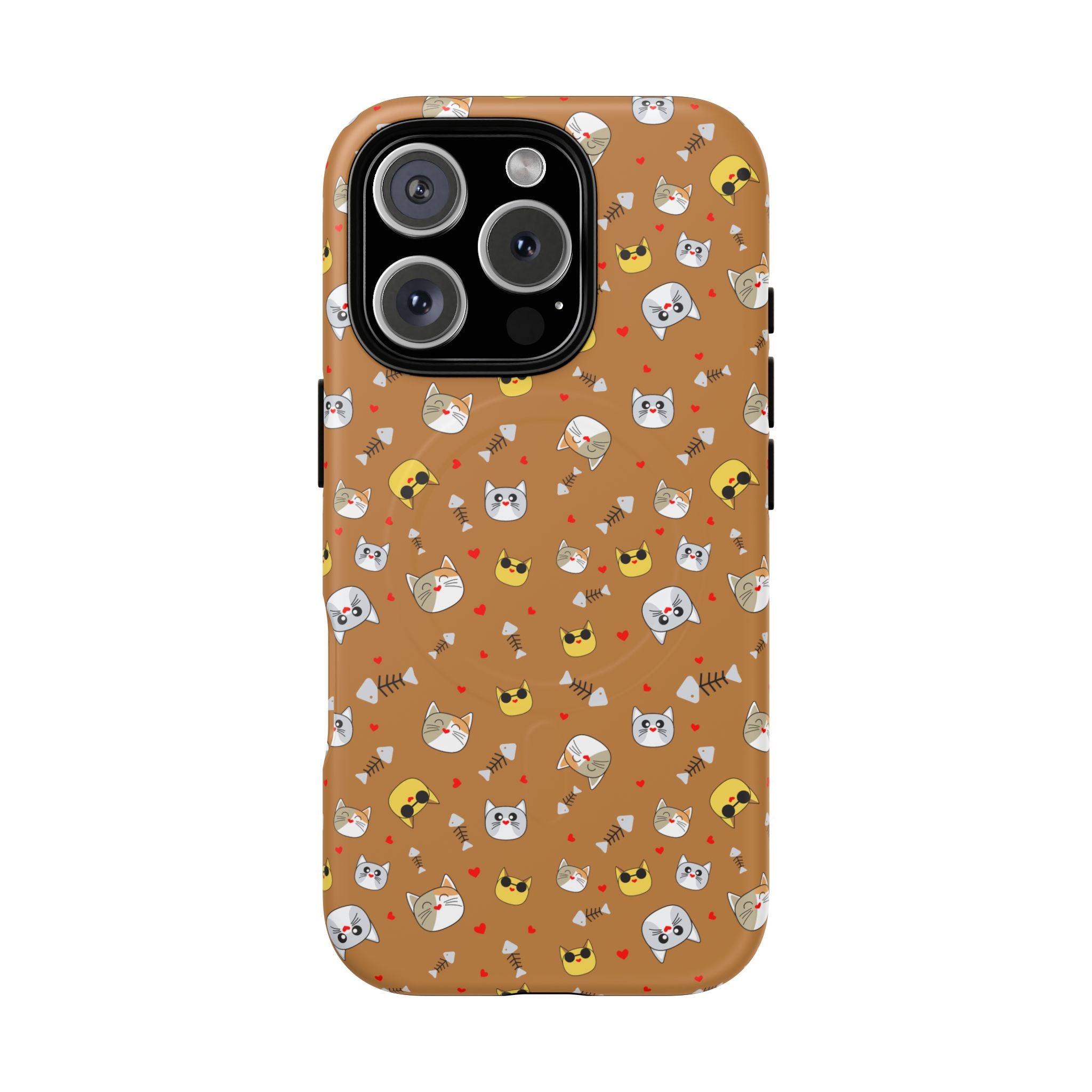 Cat Pattern Tough Magnetic Phone Case — Cute Kawaii Cat Faces on Brown