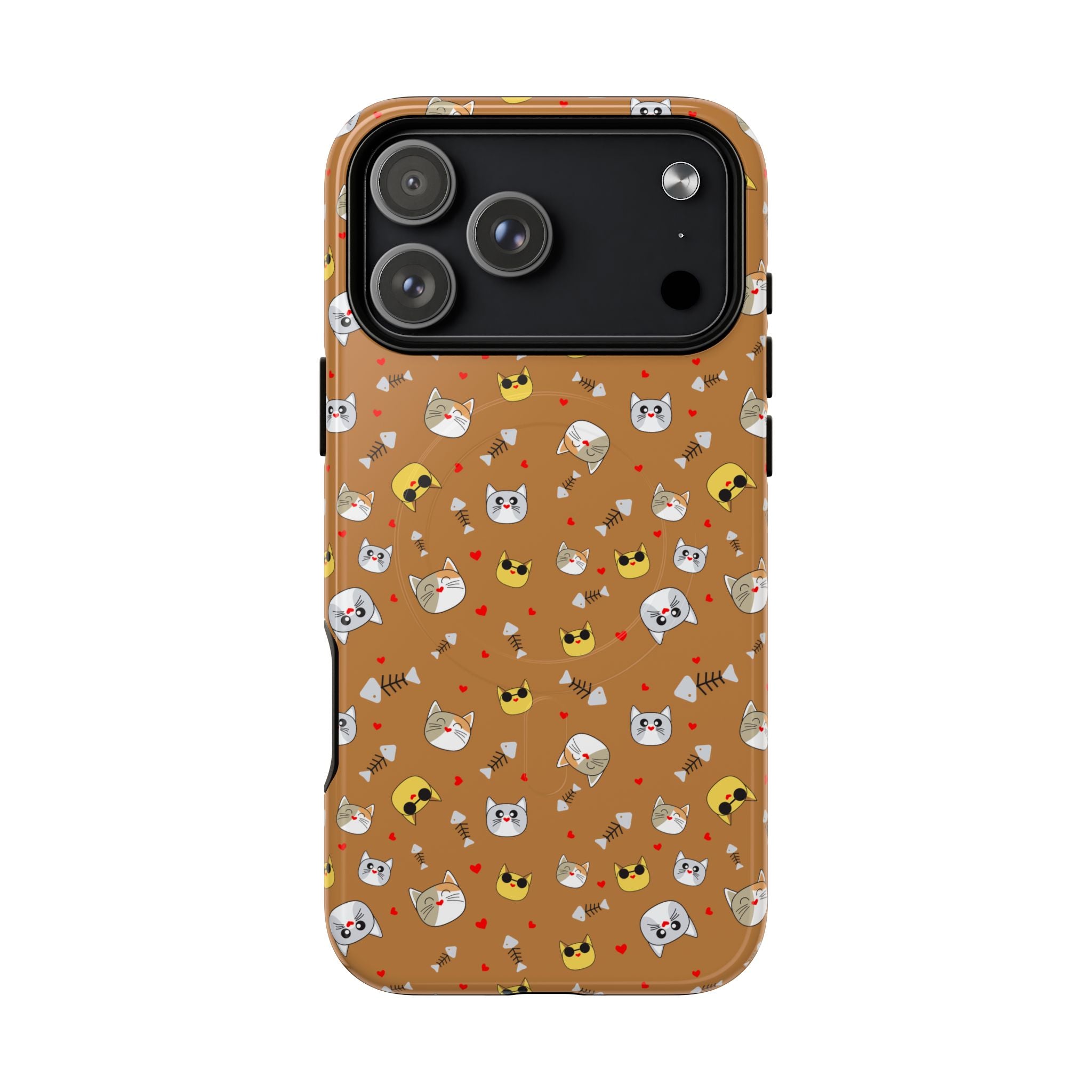 Cat Pattern Tough Magnetic Phone Case — Cute Kawaii Cat Faces on Brown