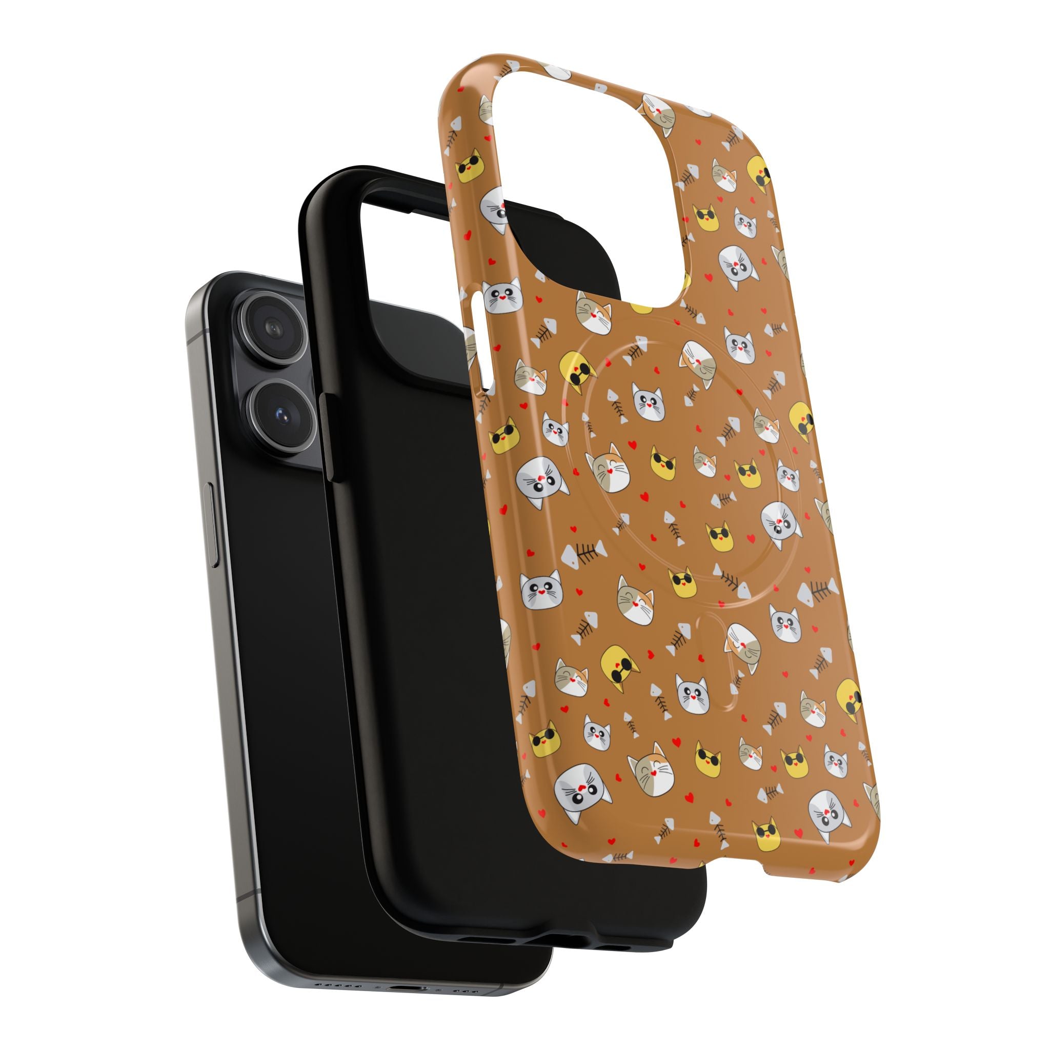 Cat Pattern Tough Magnetic Phone Case — Cute Kawaii Cat Faces on Brown