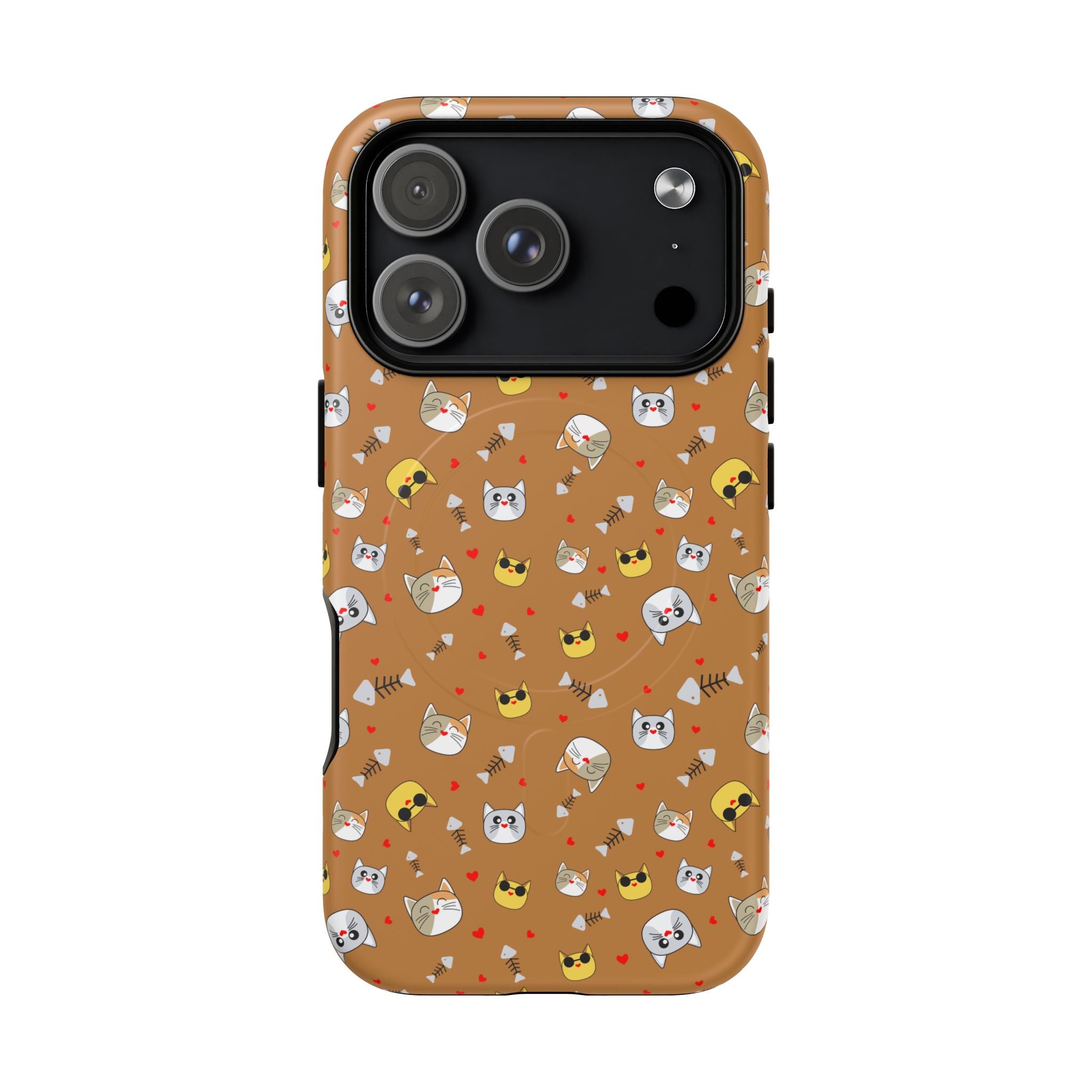Cat Pattern Tough Magnetic Phone Case — Cute Kawaii Cat Faces on Brown