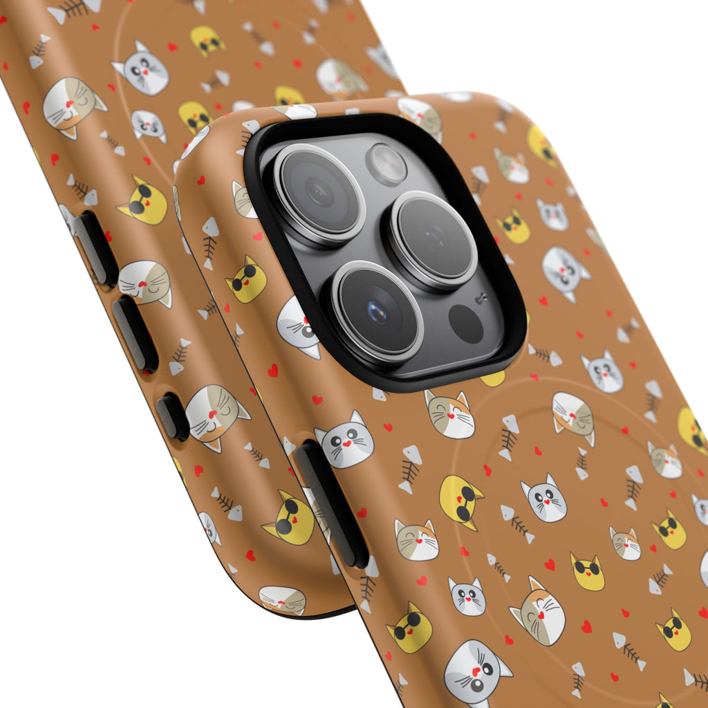 Cat Pattern Tough Magnetic Phone Case — Cute Kawaii Cat Faces on Brown
