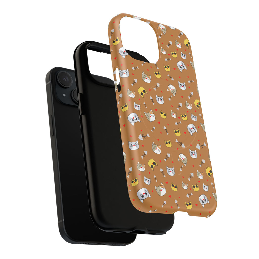 Cat Pattern Tough Magnetic Phone Case — Cute Kawaii Cat Faces on Brown