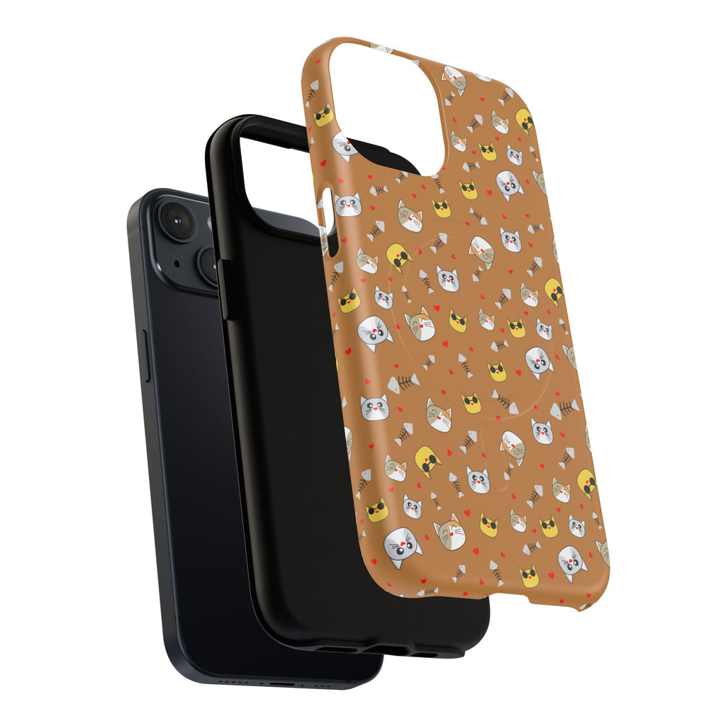 Cat Pattern Tough Magnetic Phone Case — Cute Kawaii Cat Faces on Brown