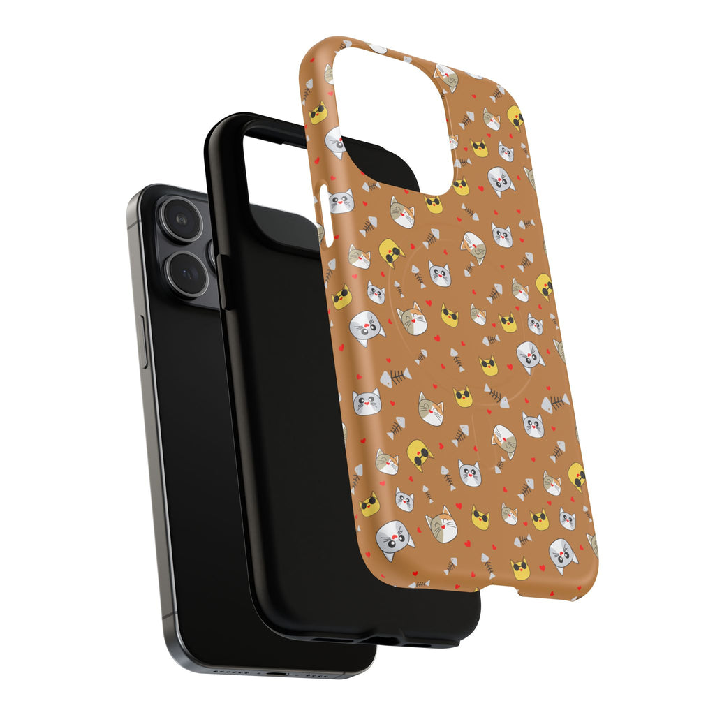 Cat Pattern Tough Magnetic Phone Case — Cute Kawaii Cat Faces on Brown