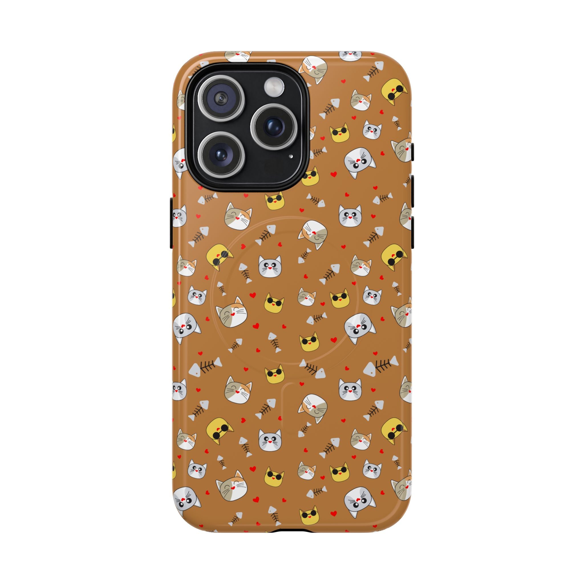 Cat Pattern Tough Magnetic Phone Case — Cute Kawaii Cat Faces on Brown